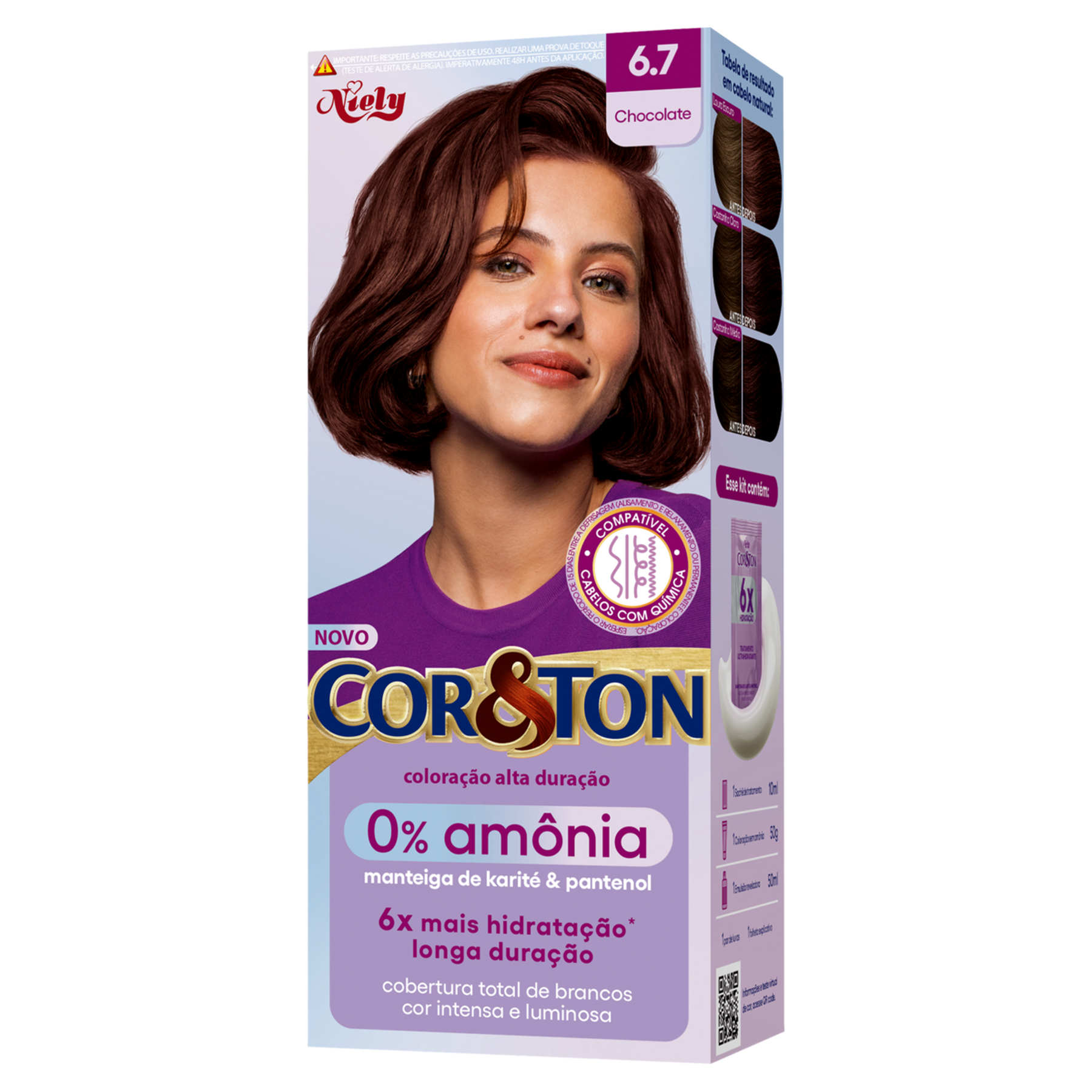 Kit Colora&ccedil;&atilde;o Creme 6.7 Chocolate 0% Am&ocirc;nia Niely Cor&Ton