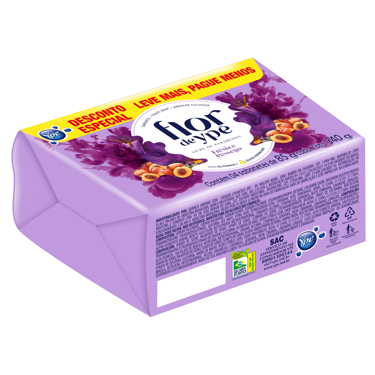 Sabonete em Barra Fr&eacute;sia e P&ecirc;ssego Flor de Yp&ecirc; Envolt&oacute;rio 340g C/4 Unidades - Embalagem Leve Mais Pague Menos