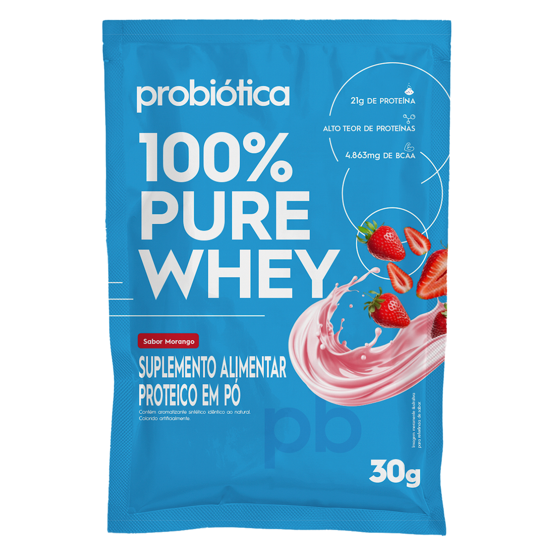 Suplemento Alimentar em P&oacute; Morango 100% Pure Whey Probi&oacute;tica Sach&ecirc; 30g