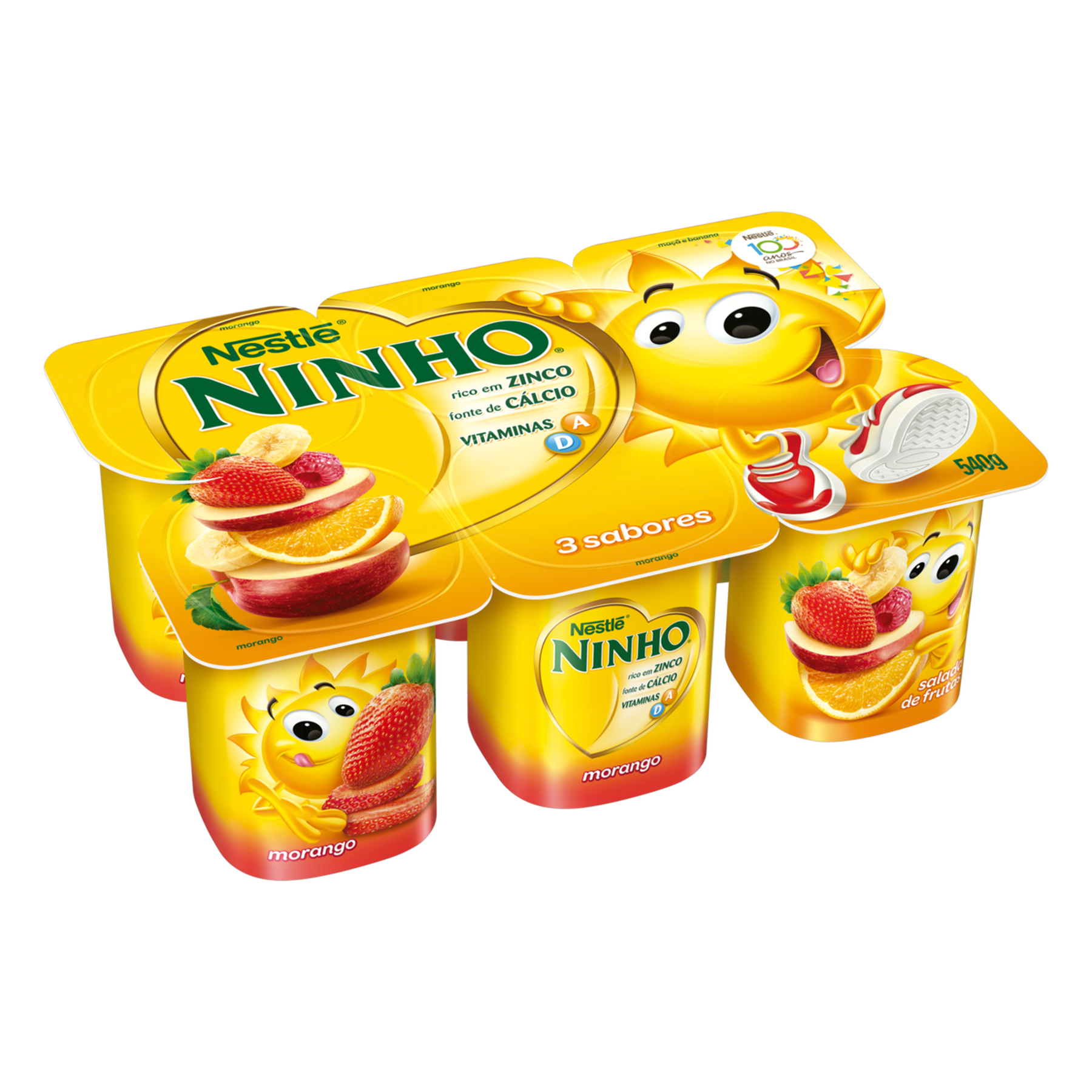 Iogurte Parcialmente Desnatado Morango + Salada de Frutas + Maçã e Banana Nestlé Ninho Bandeja 540g 6 Unidades