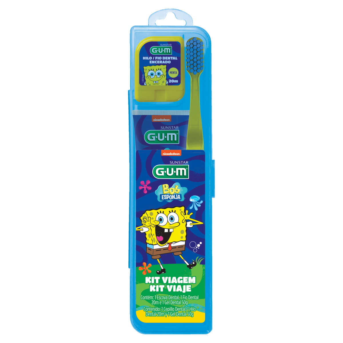Kit Escova Dental Macia + Fio Dental Encerado Menta 20m + Gel Dental Menta 50g Juvenil Bob Esponja Gum
