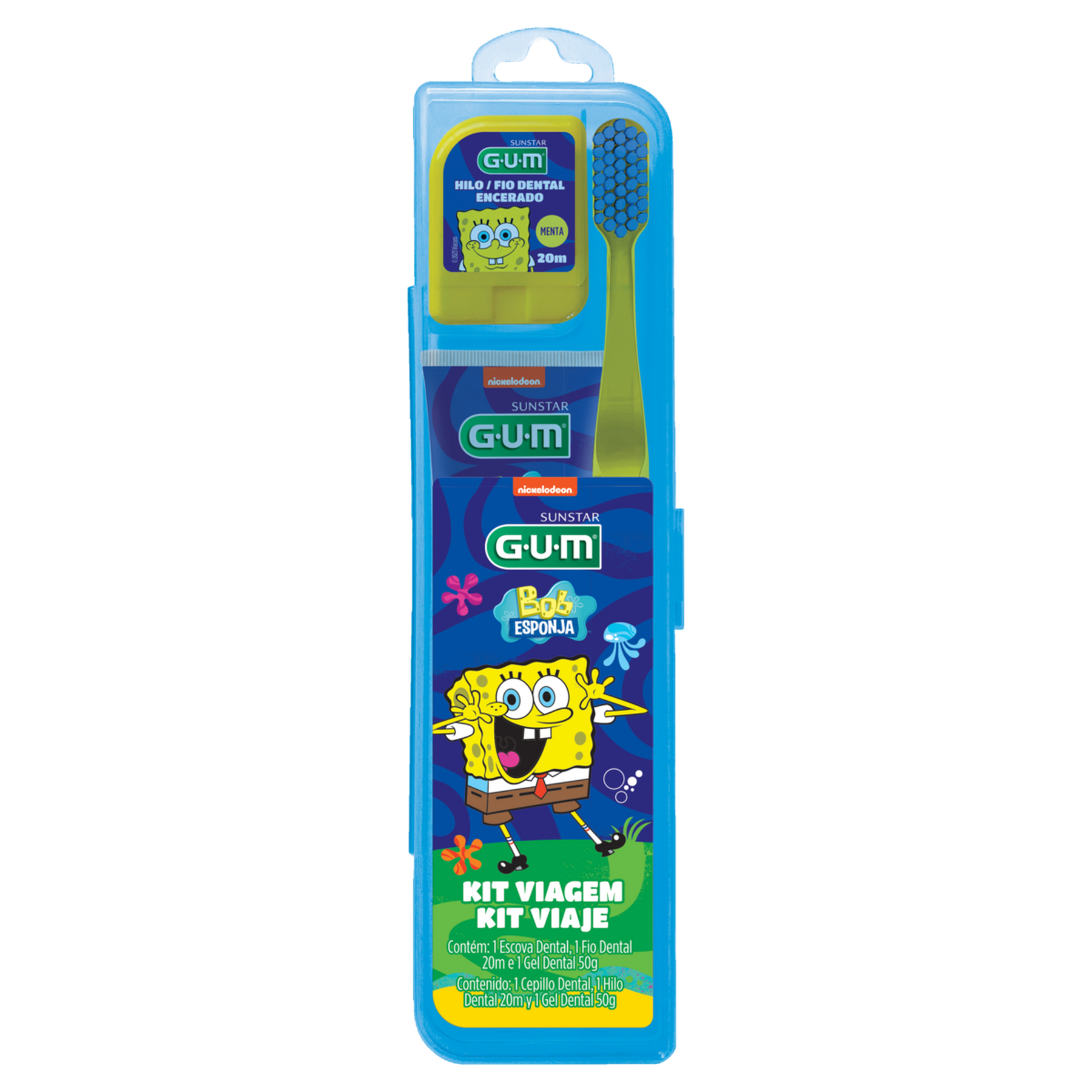 Kit Escova Dental Macia + Fio Dental Encerado Menta 20m + Gel Dental Menta 50g Juvenil Bob Esponja Gum