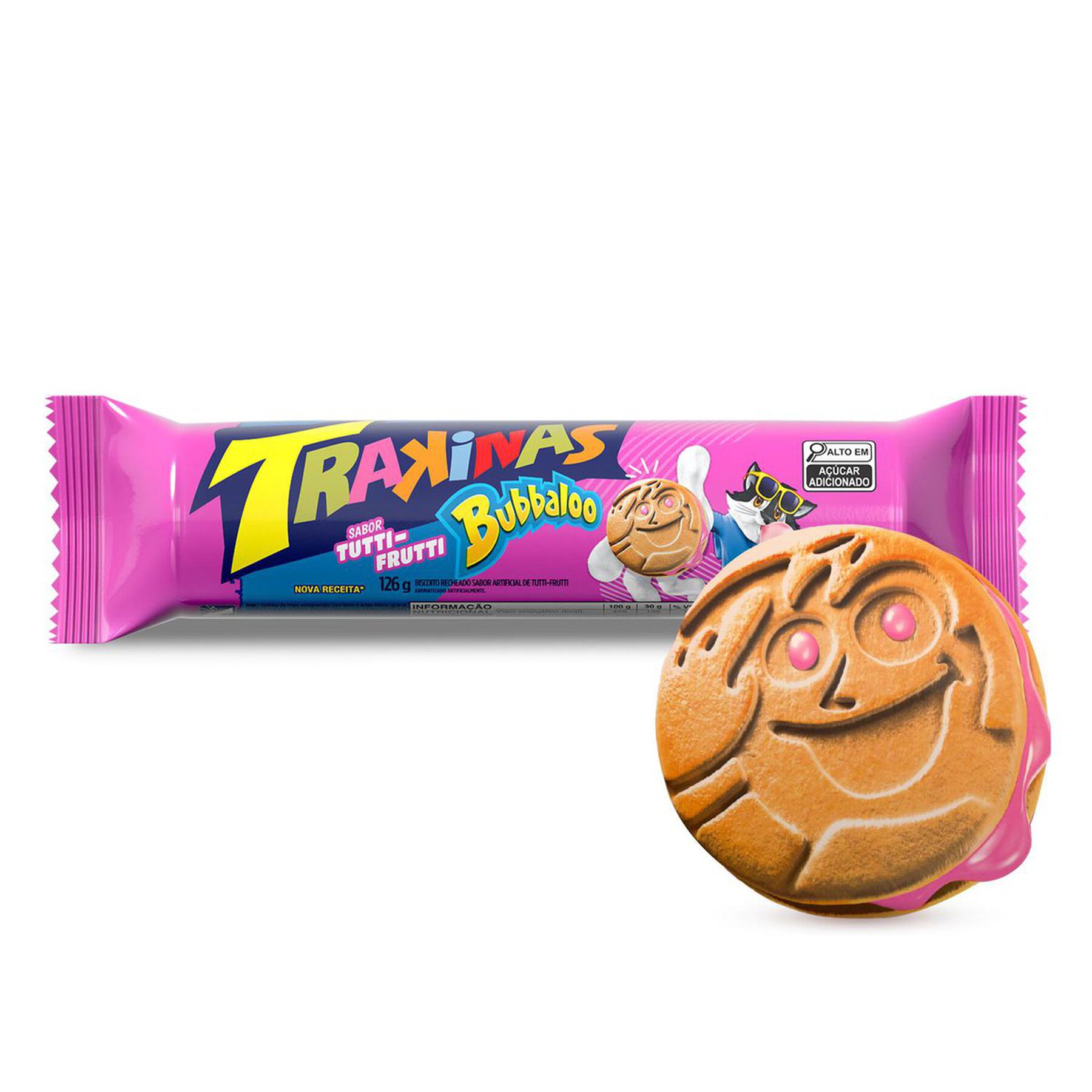 Biscoito Recheio Tutti Frutti Bubbaloo Trakinas Pacote 126g