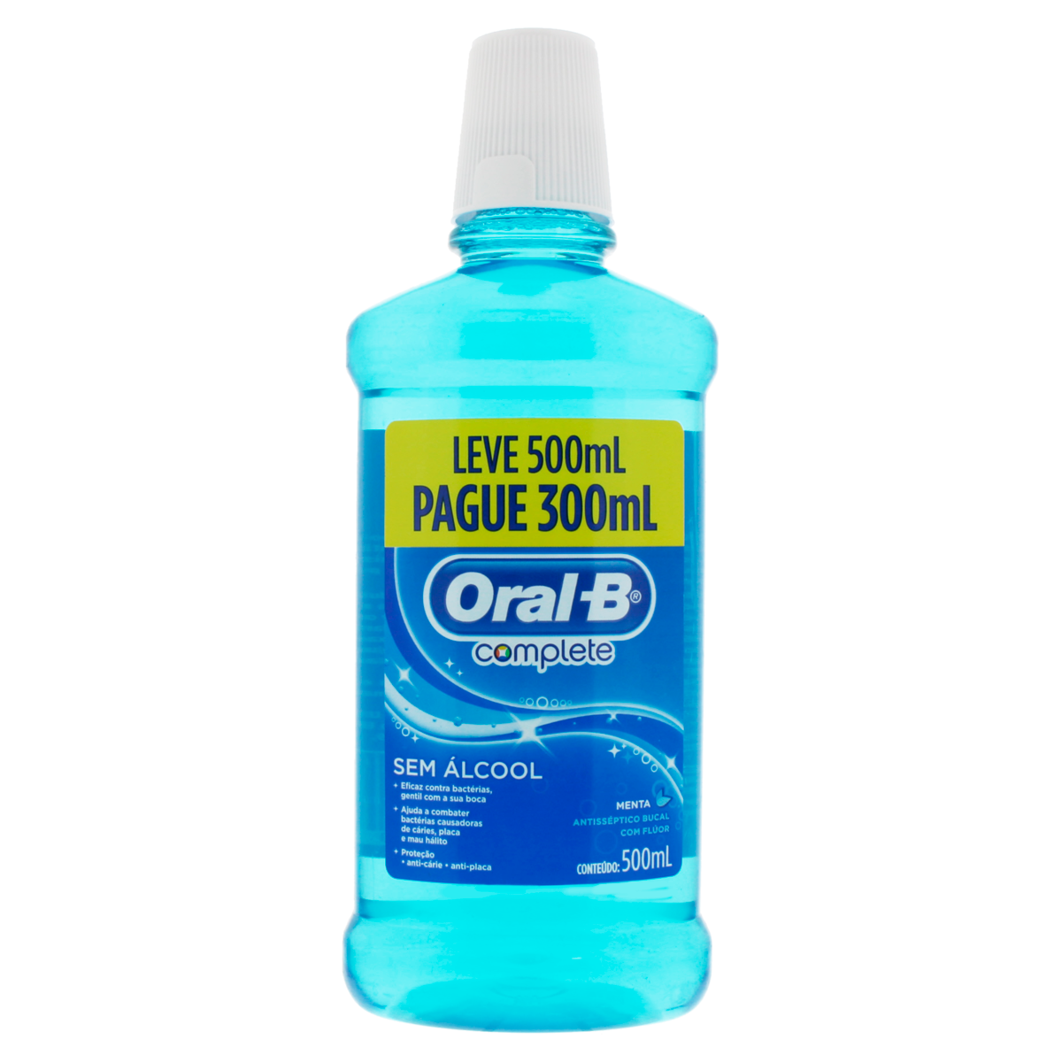 Enxaguante Bucal Antiss&eacute;ptico Menta Zero &Aacute;lcool Oral-B Complete Frasco 500ml - Embalagem Leve 500ml Pague 300ml