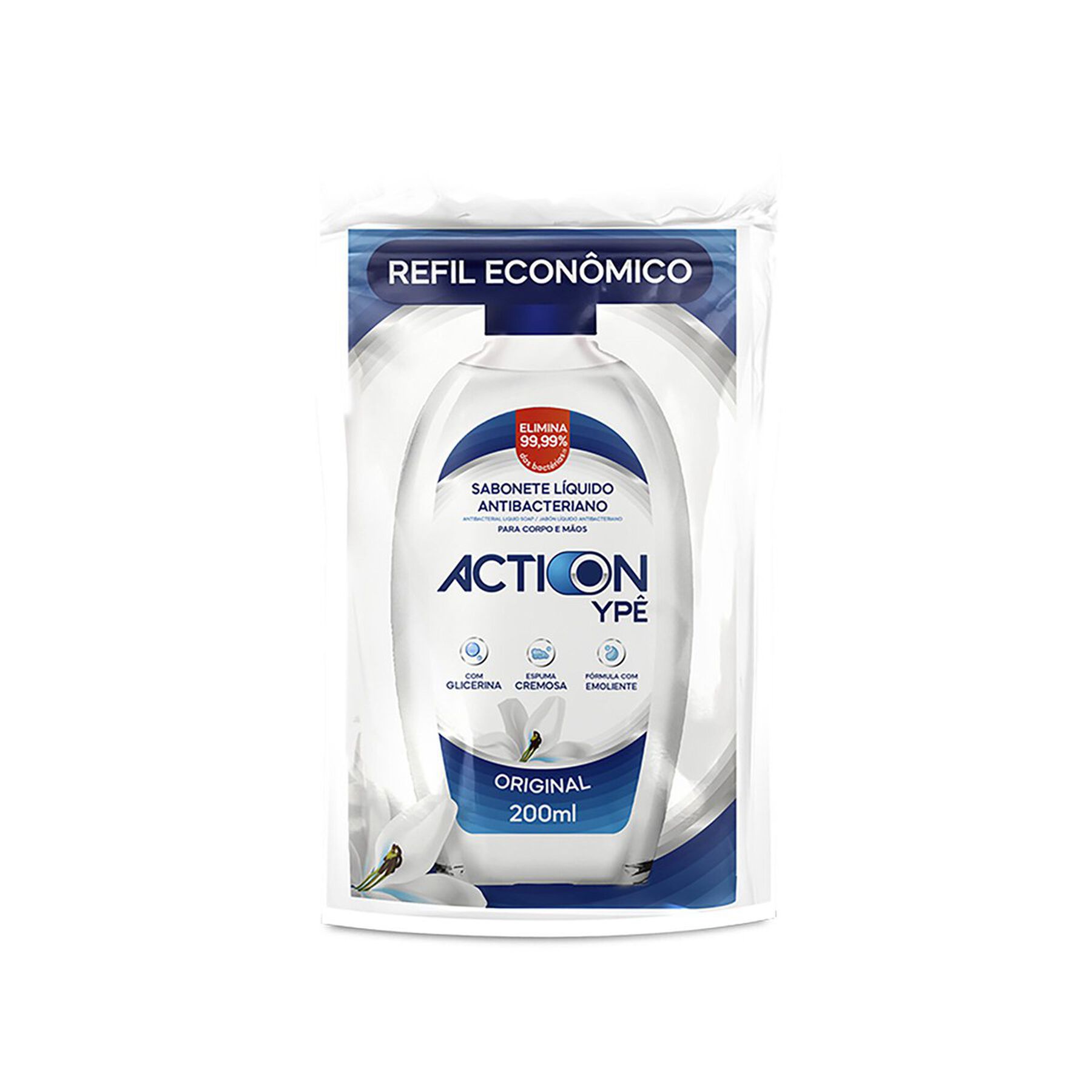 Sabonete Líquido Antibacteriano Original Action Ypê Sachê 200ml - Embalagem Refil Econômico