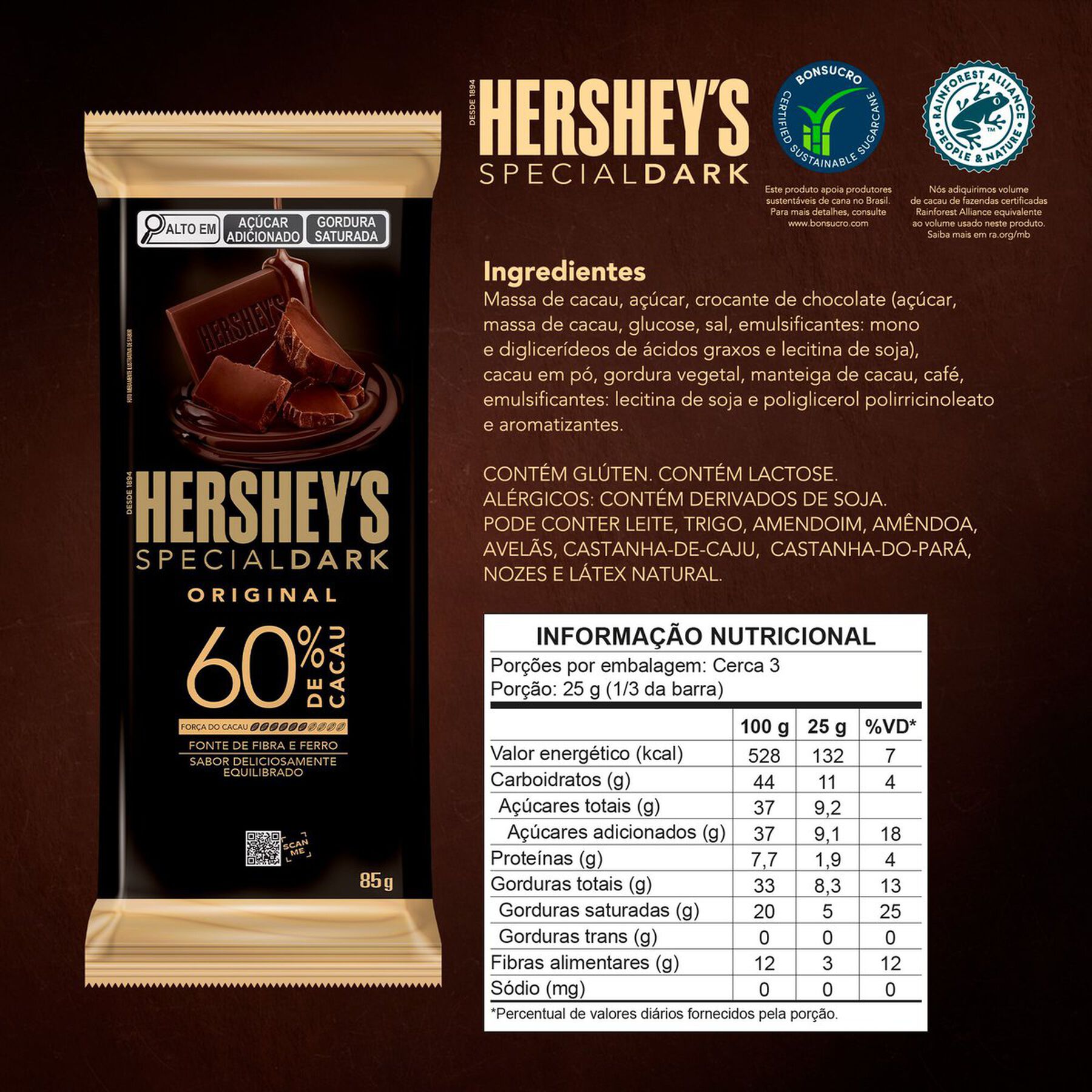 Chocolate Amargo 60% Cacau Hersheys Special Dark Pacote 85g