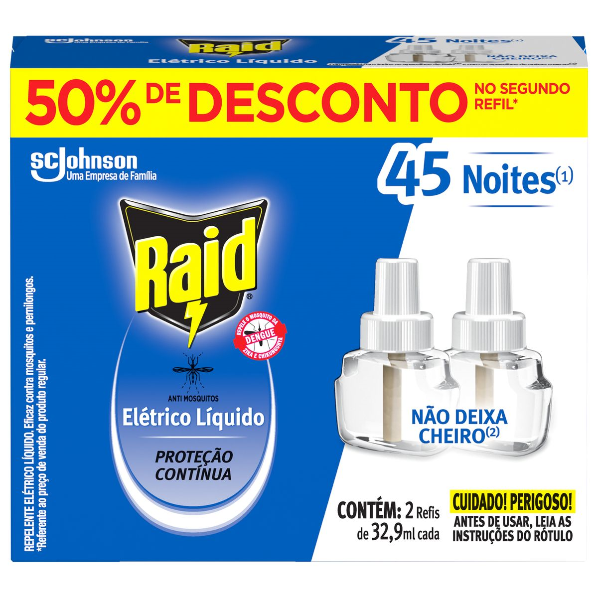 Repelente El&eacute;trico L&iacute;quido 45 Noites Raid Caixa 2 Unidades 32.9ml Cada Gr&aacute;tis 50% de Desconto no Segundo Refil&nbsp;