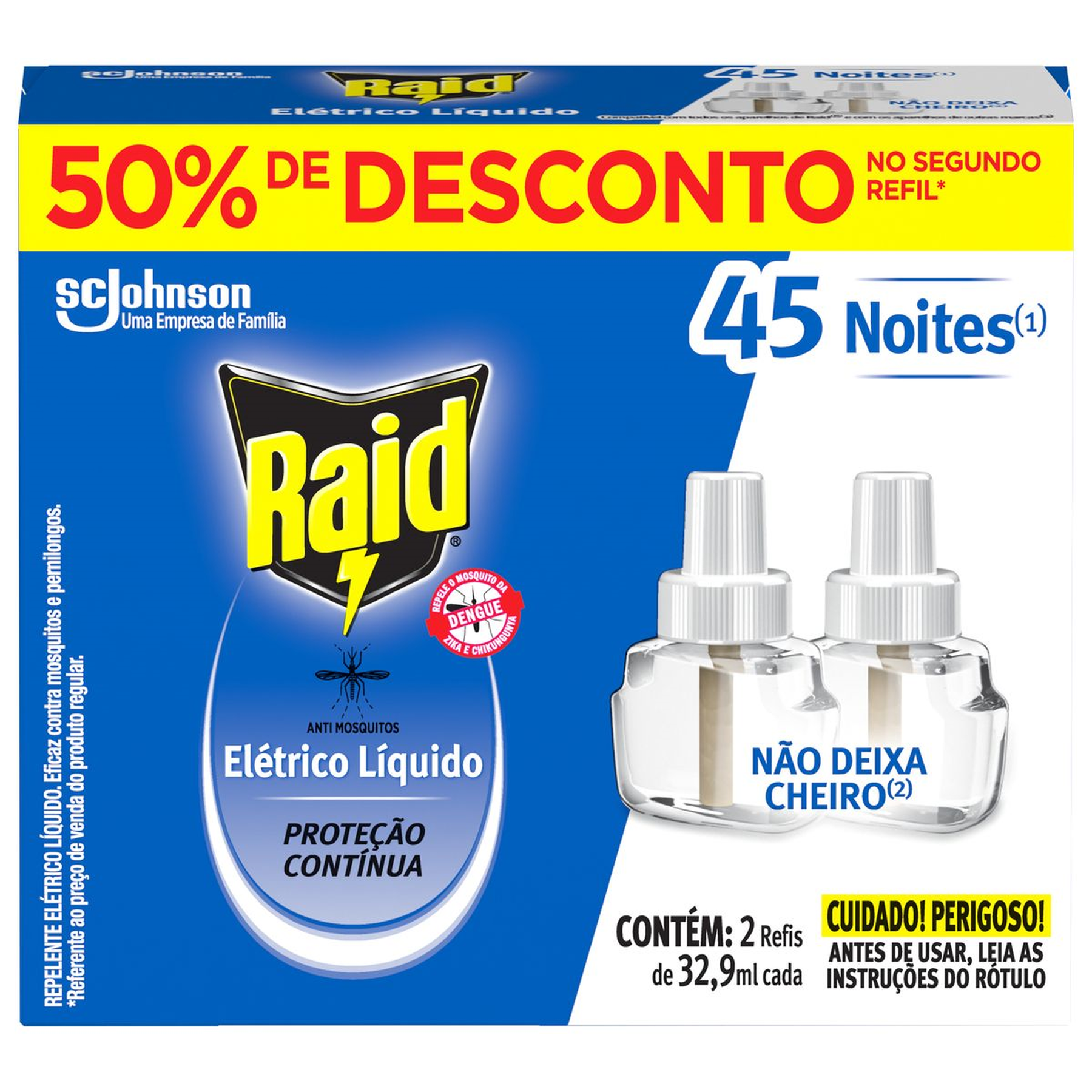 Repelente Elétrico Líquido 45 Noites Raid Caixa 2 Unidades 32.9ml Cada Grátis 50% de Desconto no Segundo Refil