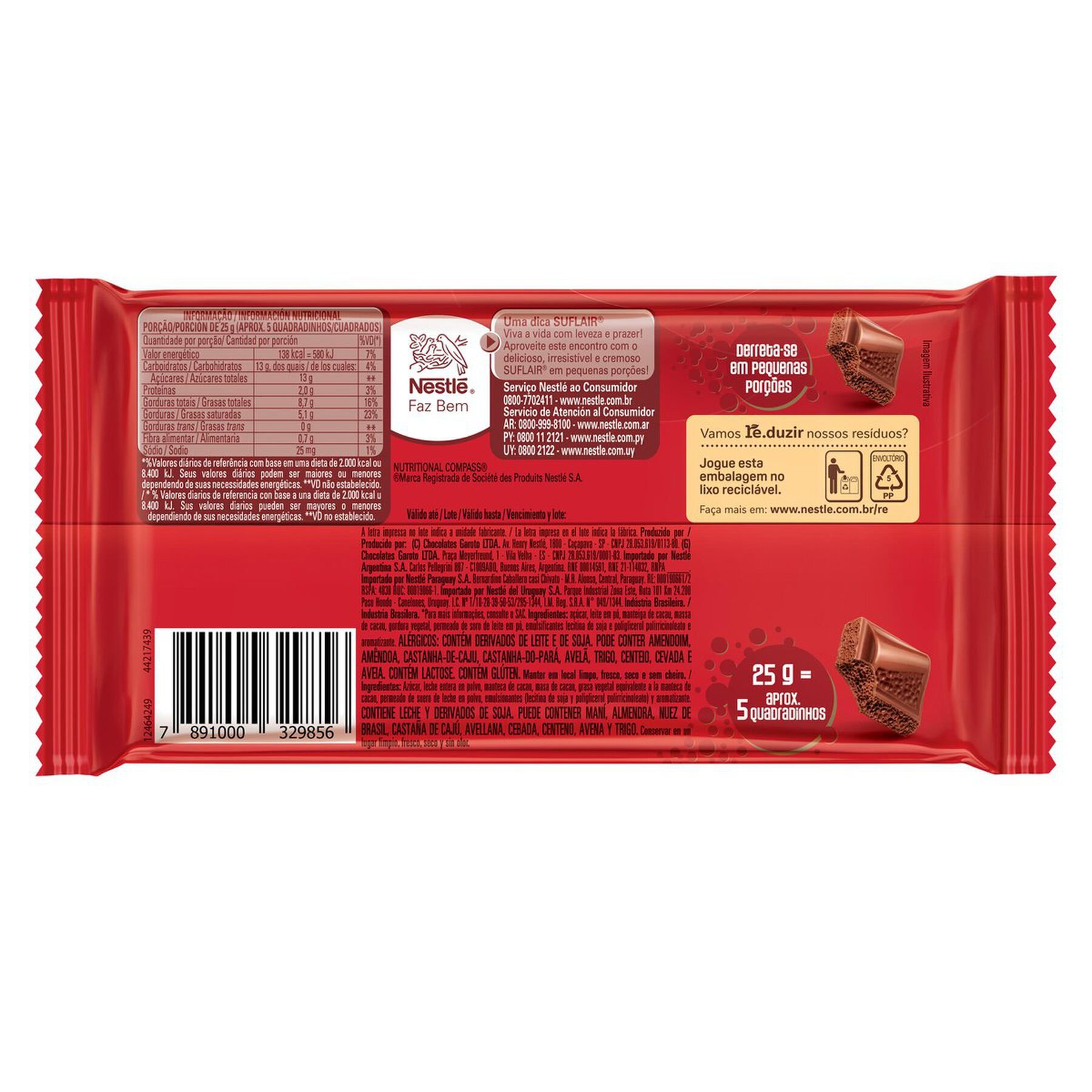 Barra de Chocolate ao Leite Aerado Nestlé Suflair Pacote 80g