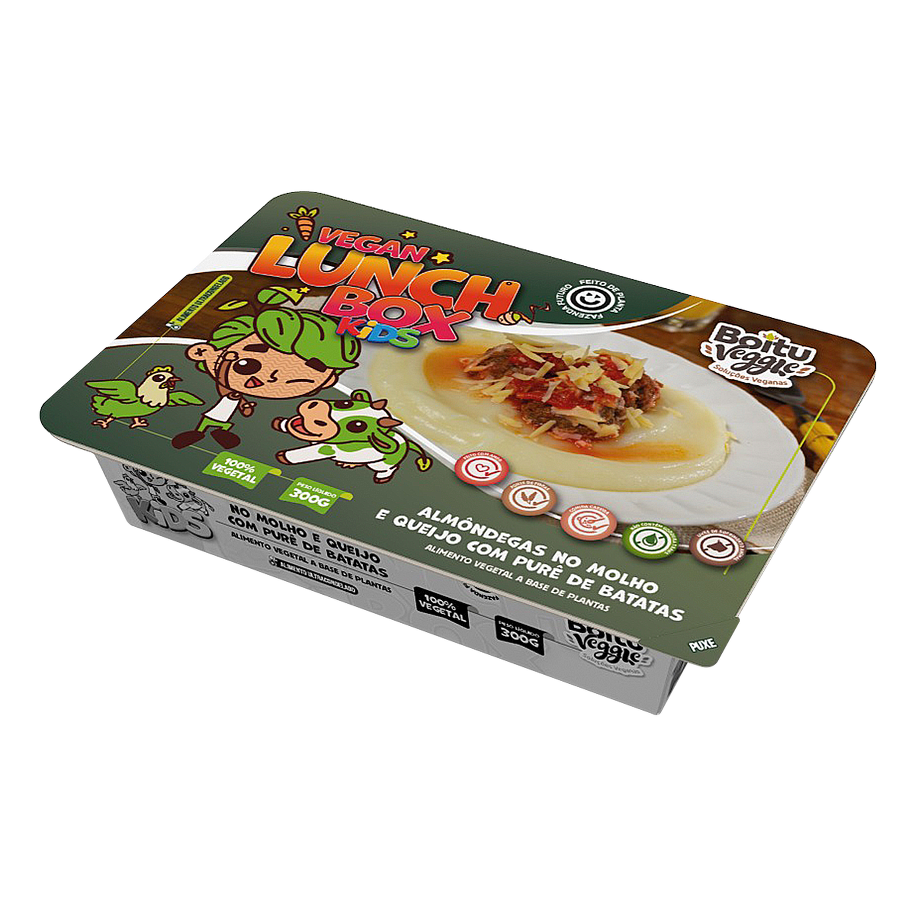Almôndegas no Molho e Queijo com Purê de Batatas Vegan Lunch Box Kids Boitu Veggie Caixa 300g
