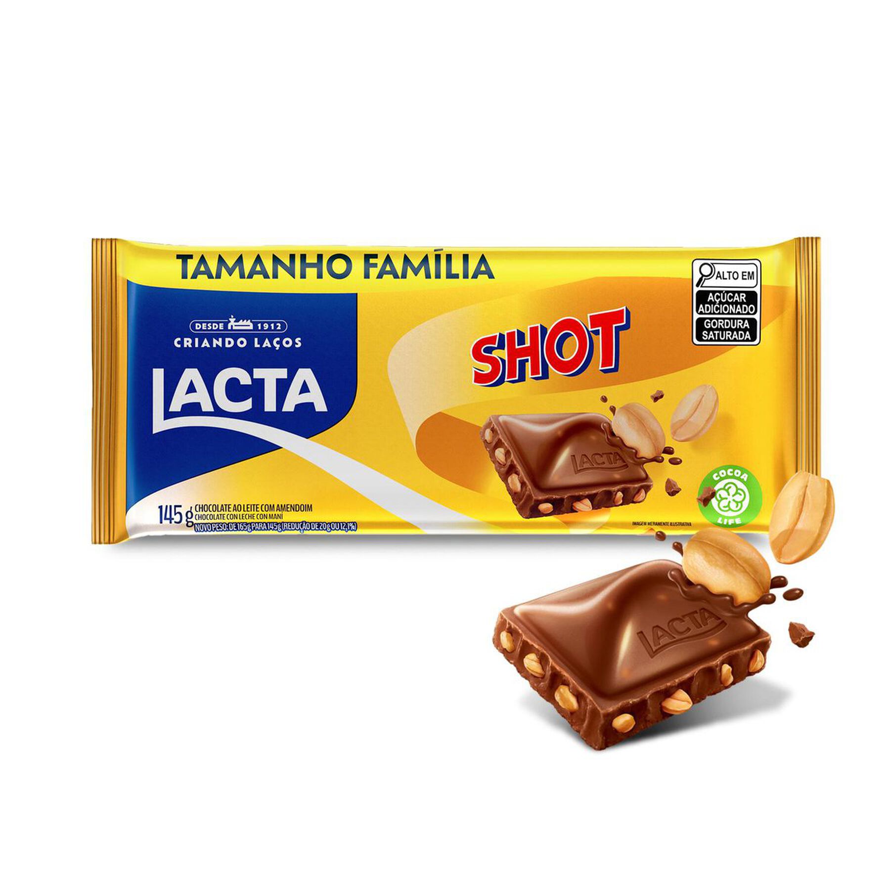 Barra de Chocolate ao Leite com Amendoim Shot Lacta Pacote 145g - Embalagem Tamanho Fam&iacute;lia