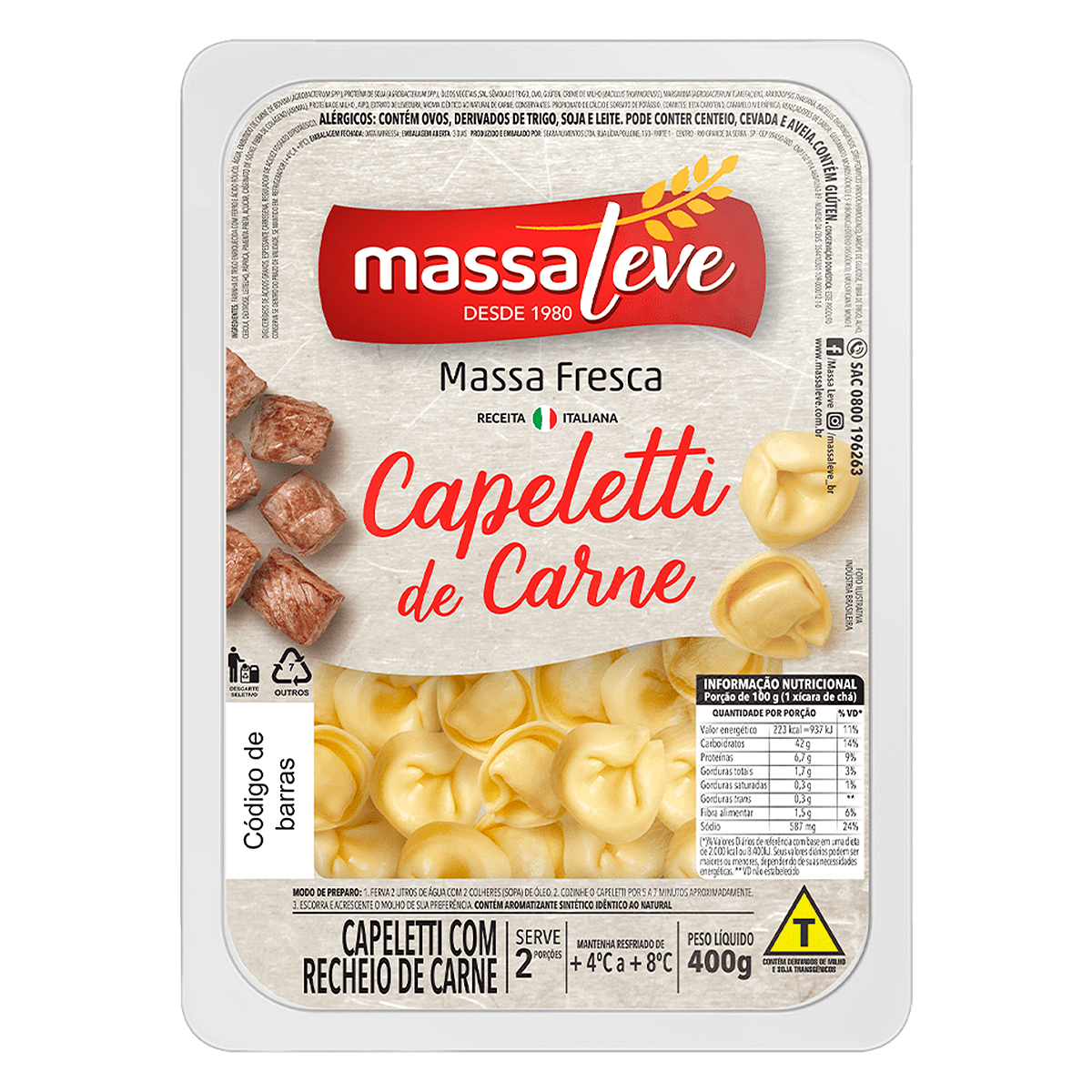 Massa Fresca Capeletti Carne Massa Leve 400g