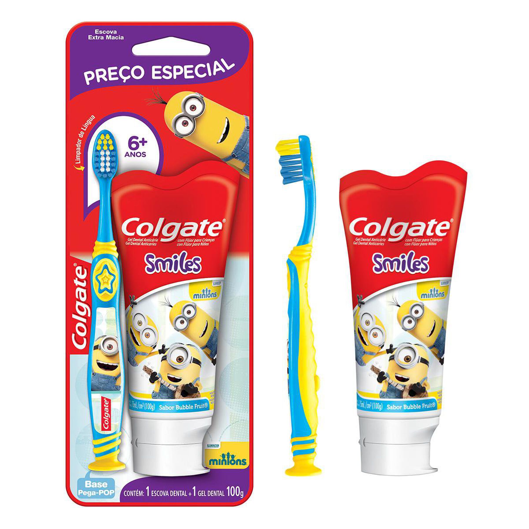 Escova Dental Infantil Extra Macia Suave + Gel Dental Infantil com Fl&uacute;or Bubble Fruit Minions Smiles Colgate 100g - Embalagem Pre&ccedil;o Especial&nbsp;