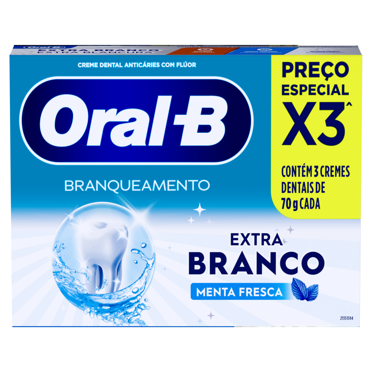 Pack Creme Dental Menta Fresca Oral-B Extra Branco Caixa C/3 Unidades 70g Cada