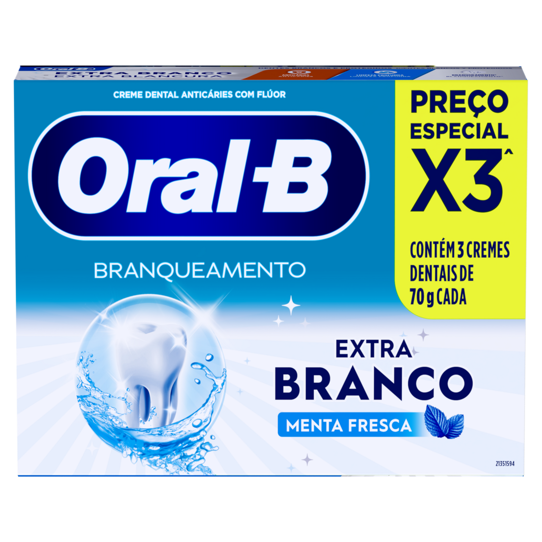 Pack Creme Dental Menta Fresca Oral-B Extra Branco Caixa C/3 Unidades 70g Cada