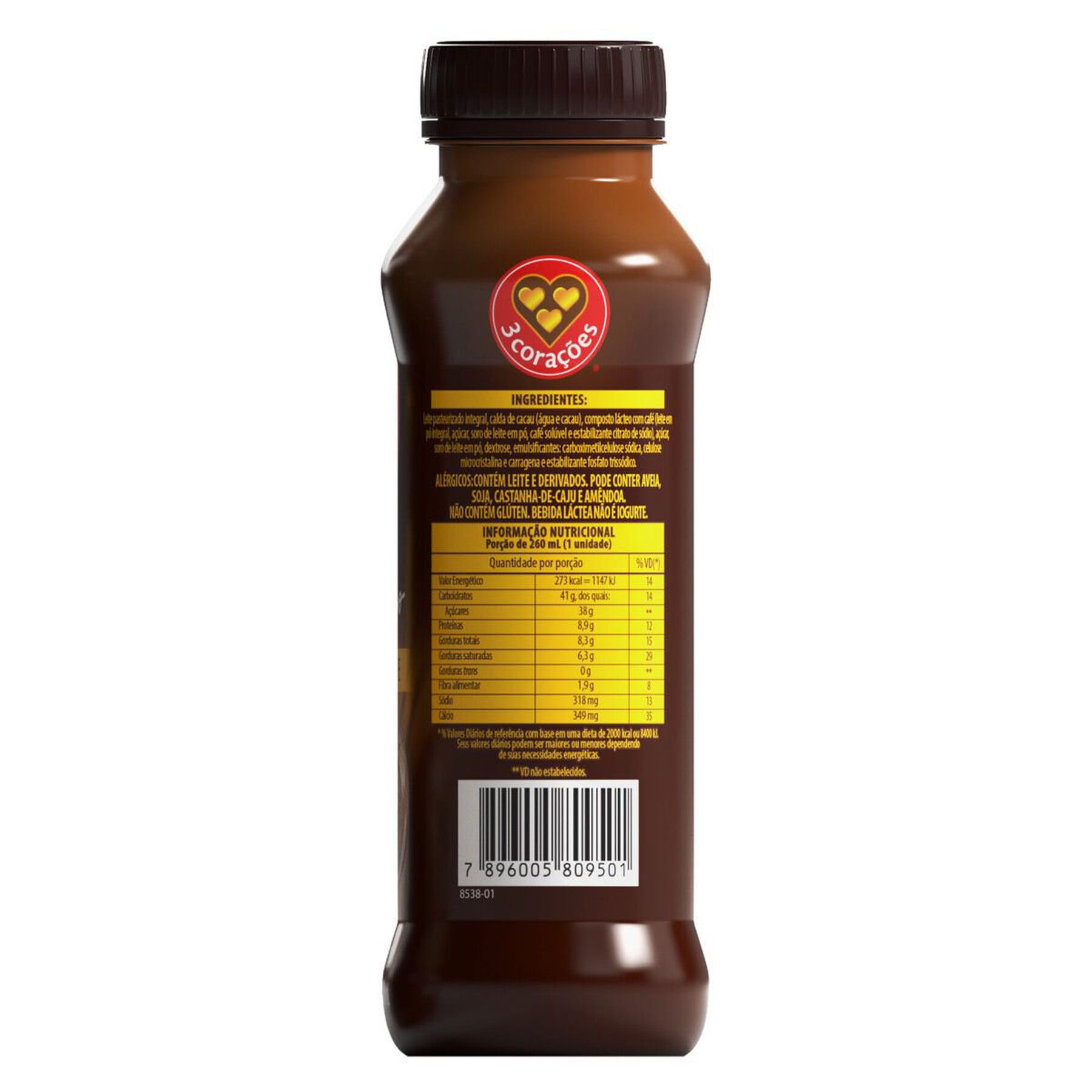 Bebida Láctea Cappuccino Chocolate 3 Corações Frasco 260ml