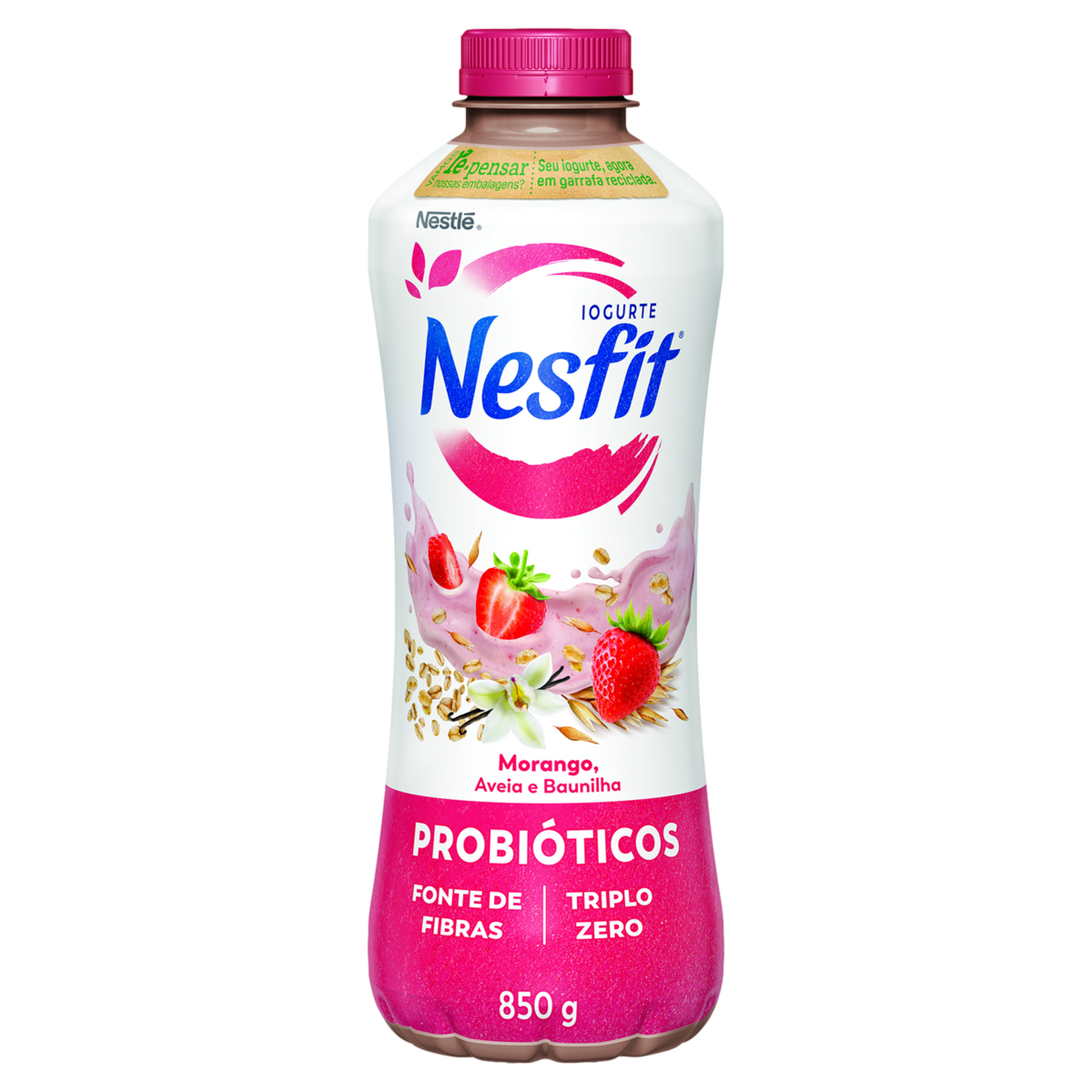 Iogurte Desnatado Morango, Aveia e Baunilha Zero Lactose Nestlé Nesfit Garrafa 850g 
