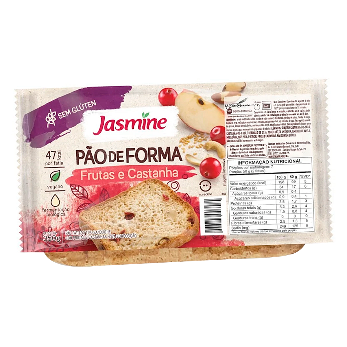 P&atilde;o de Forma Frutas e Castanha sem Gl&uacute;ten Jasmine Pacote 350g