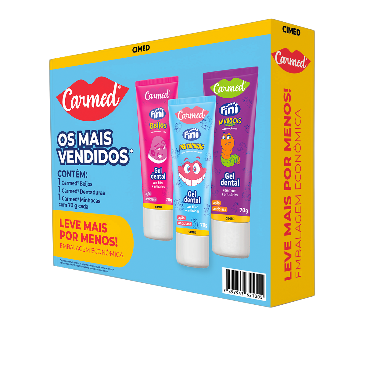 Kit Gel Dental Infantil com Fl&uacute;or Fini Minhocas Azedinhas + Dentaduras + Beijos Carmed 70g Cada