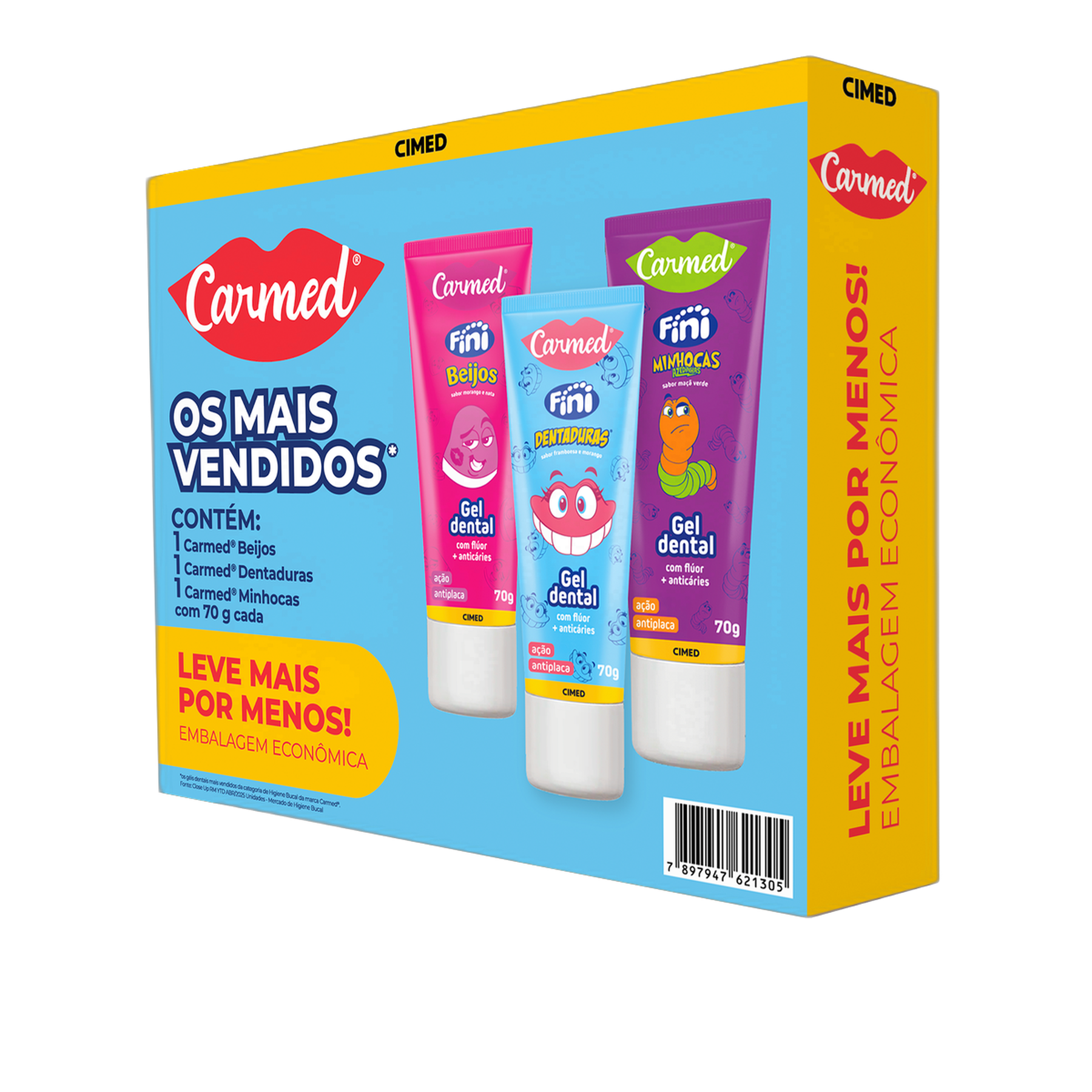 Kit Gel Dental Infantil com Fl&uacute;or Fini Minhocas Azedinhas + Dentaduras + Beijos Carmed 70g Cada
