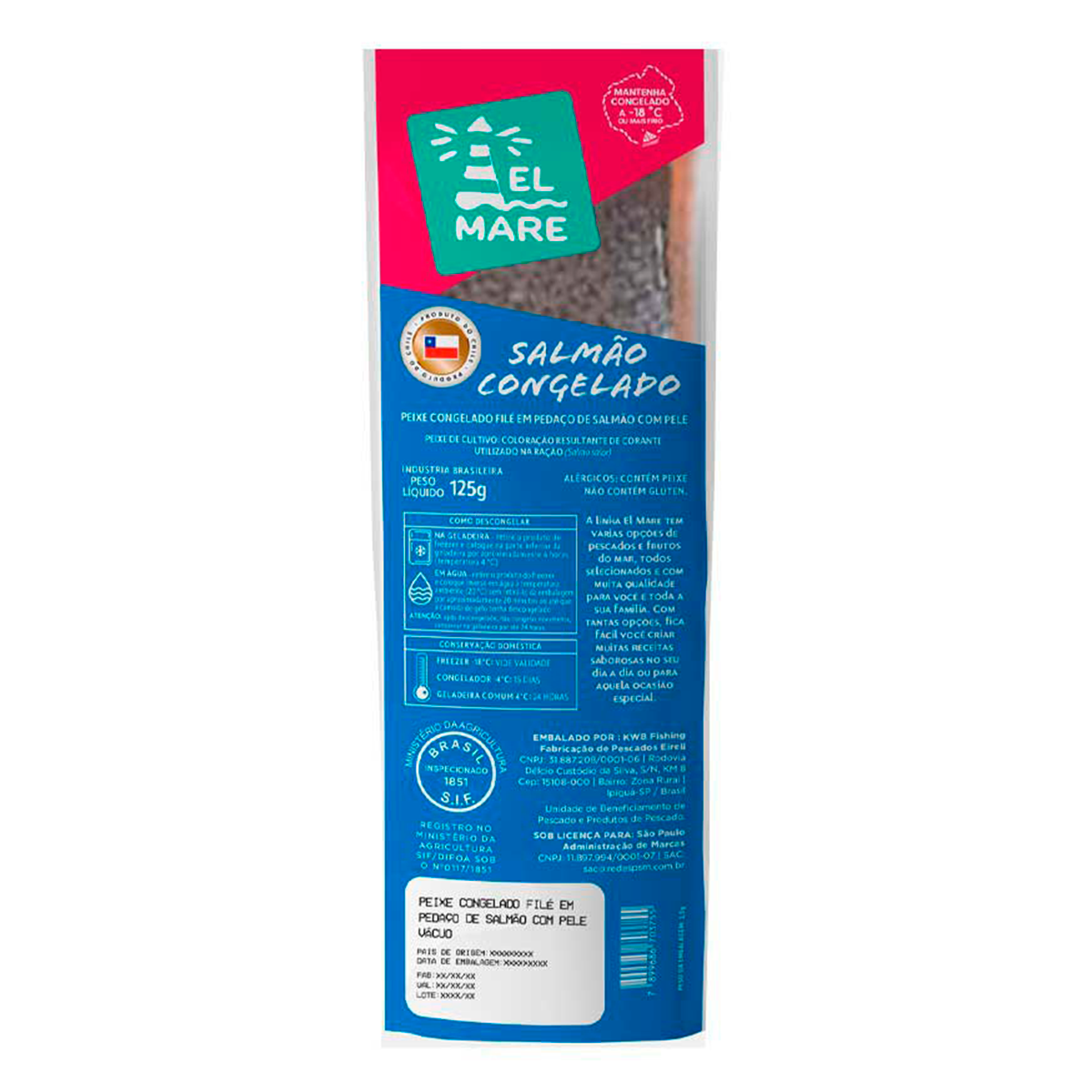 Fil&eacute; em Peda&ccedil;o de Salm&atilde;o com Pele V&aacute;cuo El Mare Pacote 125g