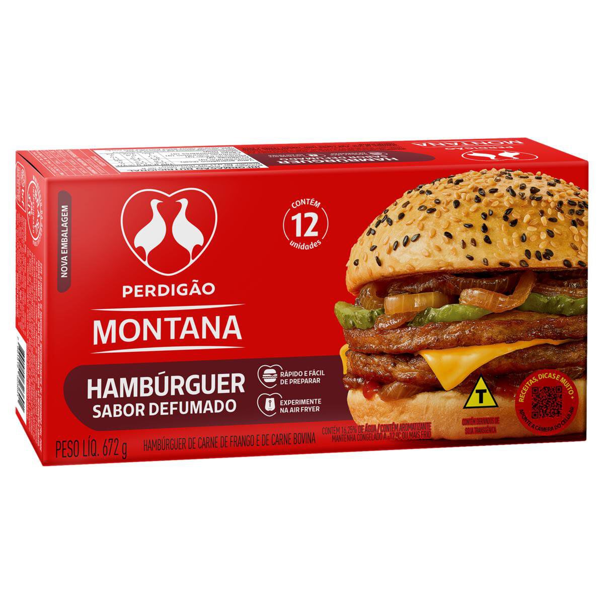 Hamb&uacute;rguer de Carne de Frango e Bovina Defumado Perdig&atilde;o Montana Caixa 672g C/12 Unidades