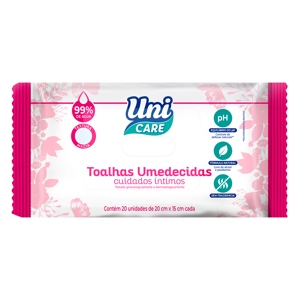 Toalhas Umedecidas Cuidados &Iacute;ntimos sem Perfume Uni Care Pacote C/20 Unidades