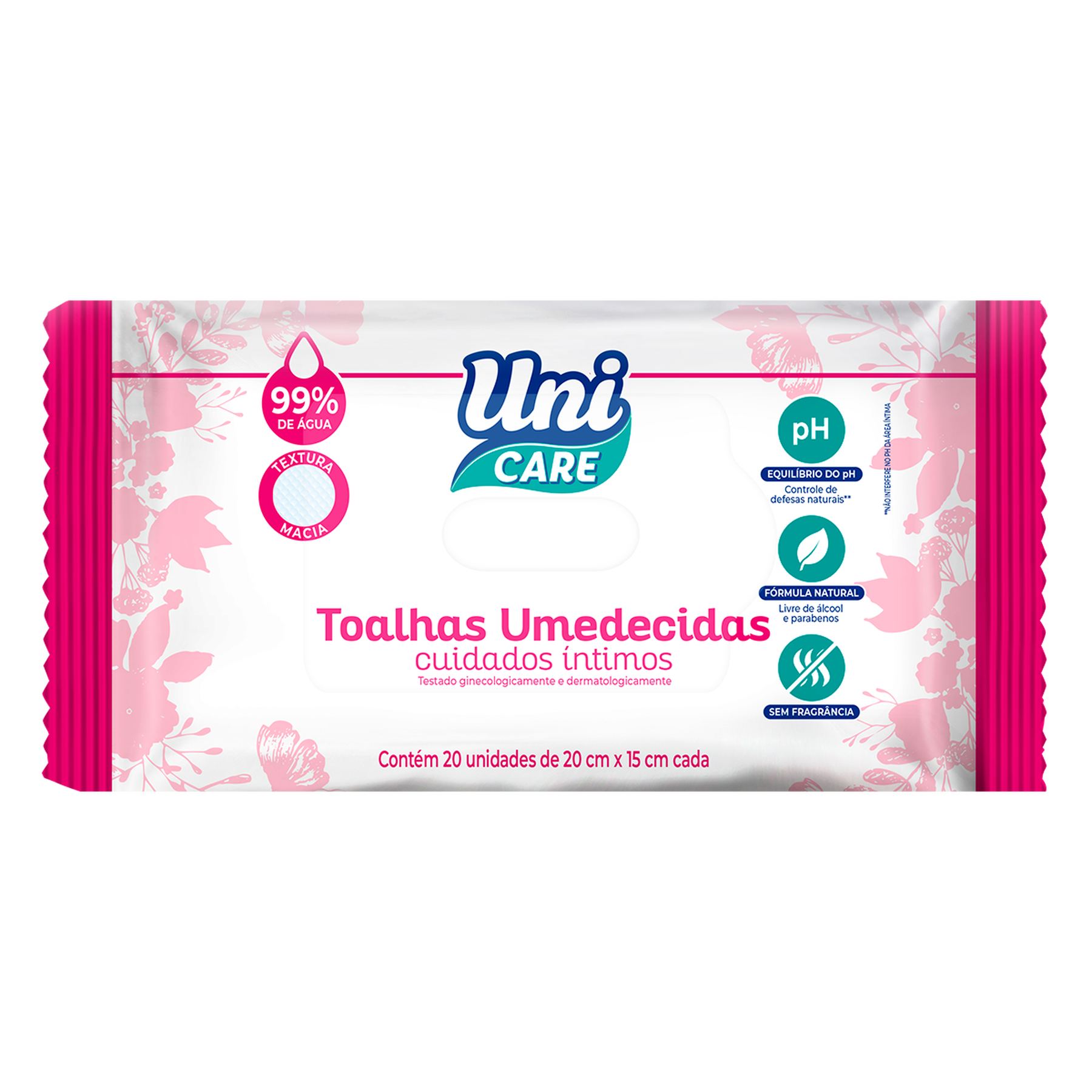 Toalhas Umedecidas Cuidados Íntimos sem Perfume Uni Care Pacote C/20 Unidades