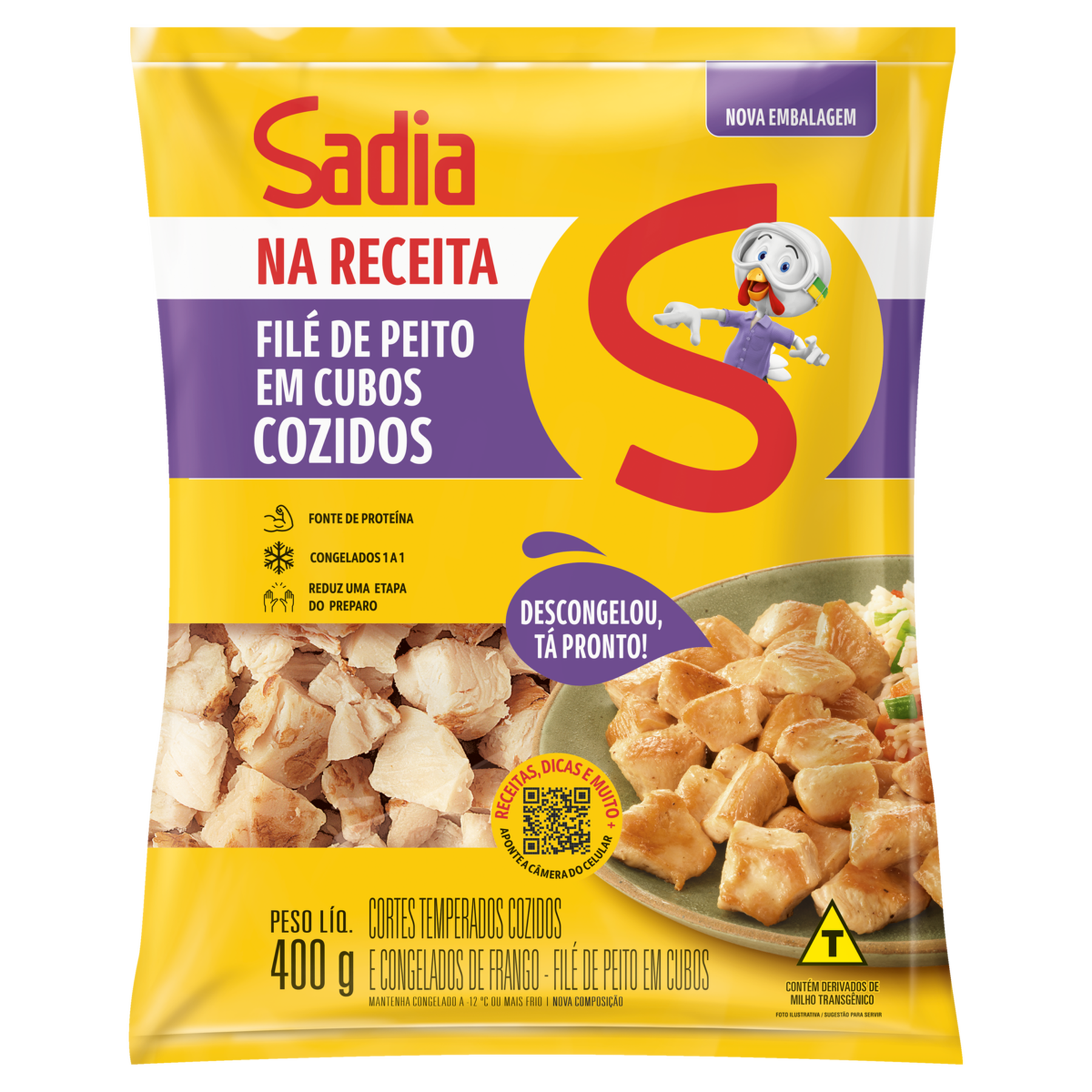 Filé de Peito de Frango em Cubos Cozido Congelado Sadia na Receita Pacote 400g