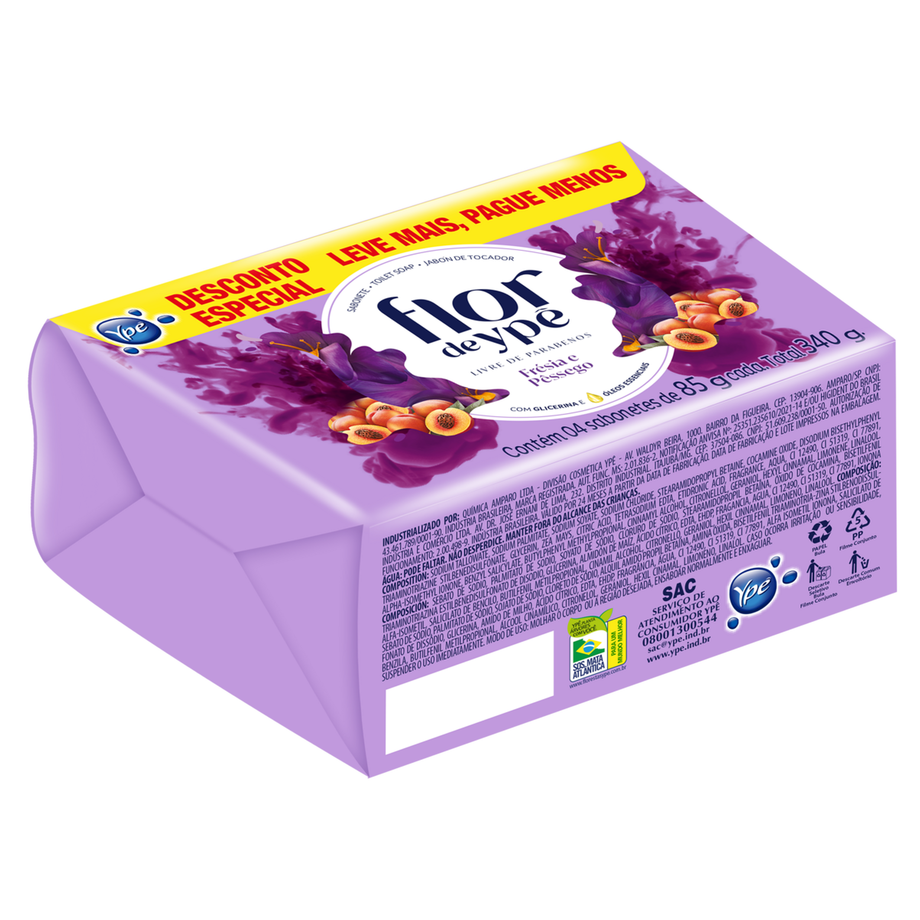 Sabonete em Barra Fr&eacute;sia e P&ecirc;ssego Flor de Yp&ecirc; Envolt&oacute;rio 340g C/4 Unidades - Embalagem Leve Mais Pague Menos