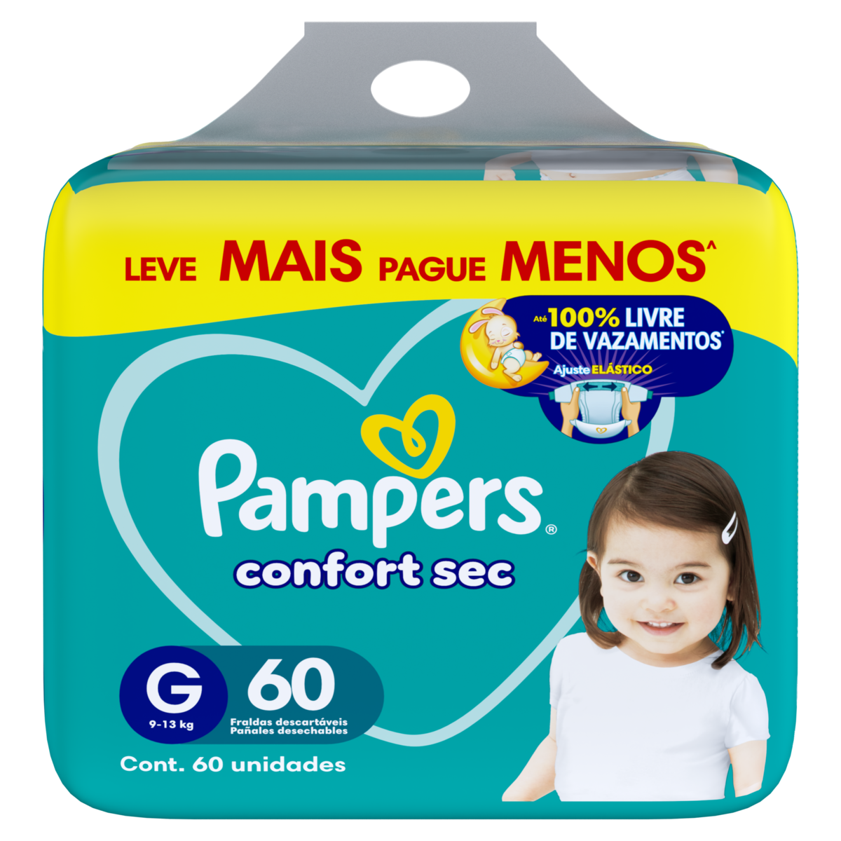 Fralda Descart&aacute;vel Infantil Confort Sec Pampers Tam. G Pacote C/60 Unidades - Embalagem Leve Mais Pague Menos
