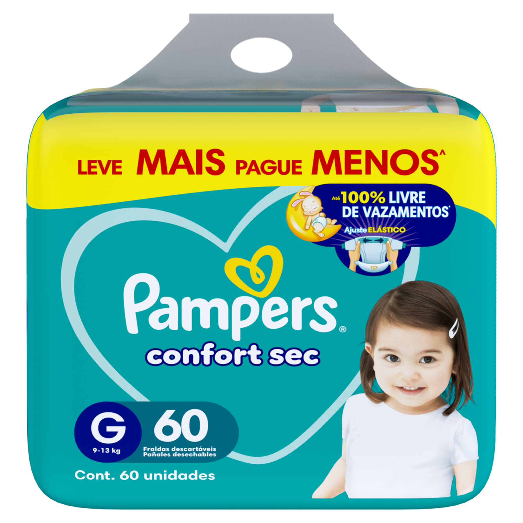 Fralda Descart&aacute;vel Infantil Confort Sec Pampers Tam. G Pacote C/60 Unidades - Embalagem Leve Mais Pague Menos