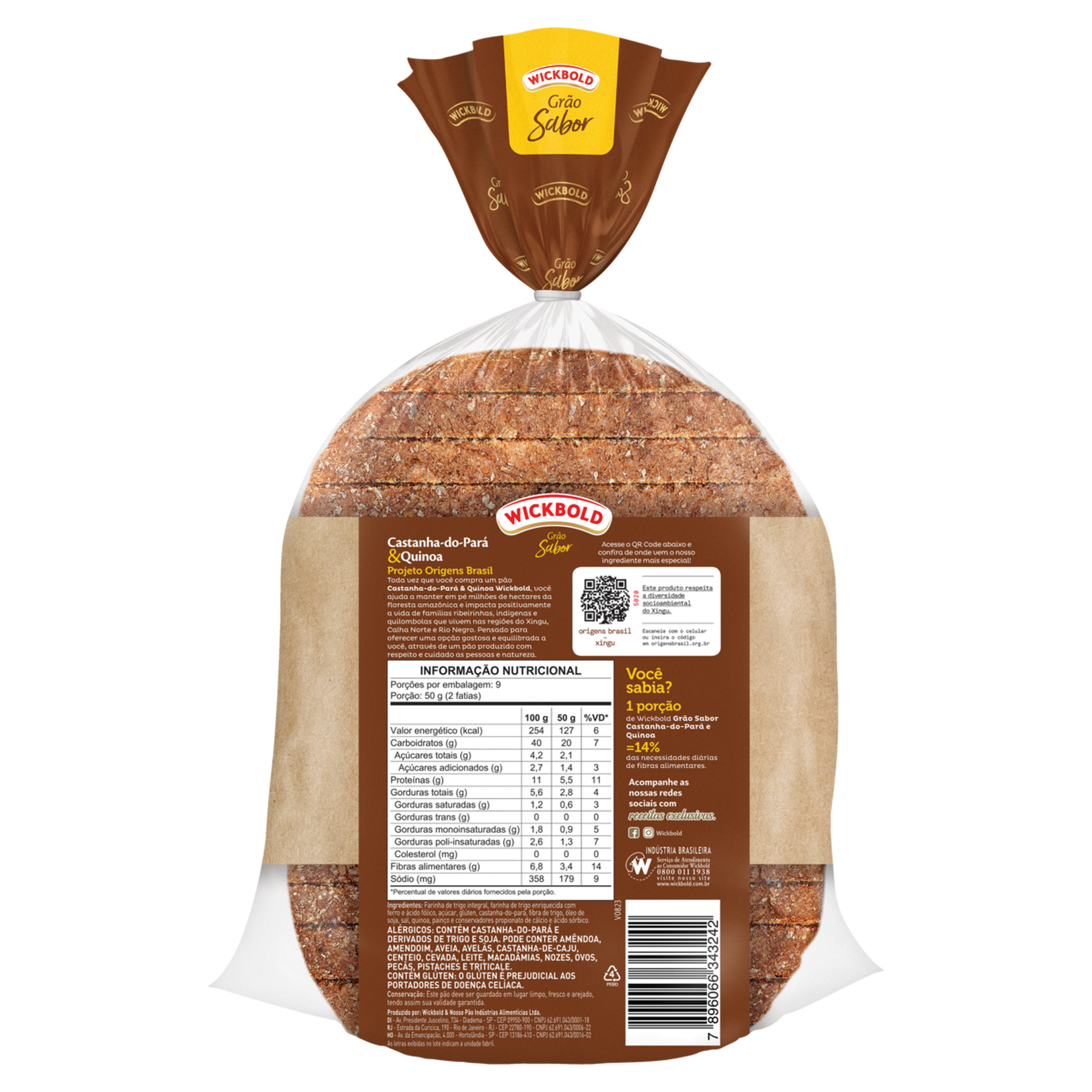Pão de Forma 37,8% Integral Castanha-do-Pará e Quinoa Wickbold Grão Sabor Pacote 500g