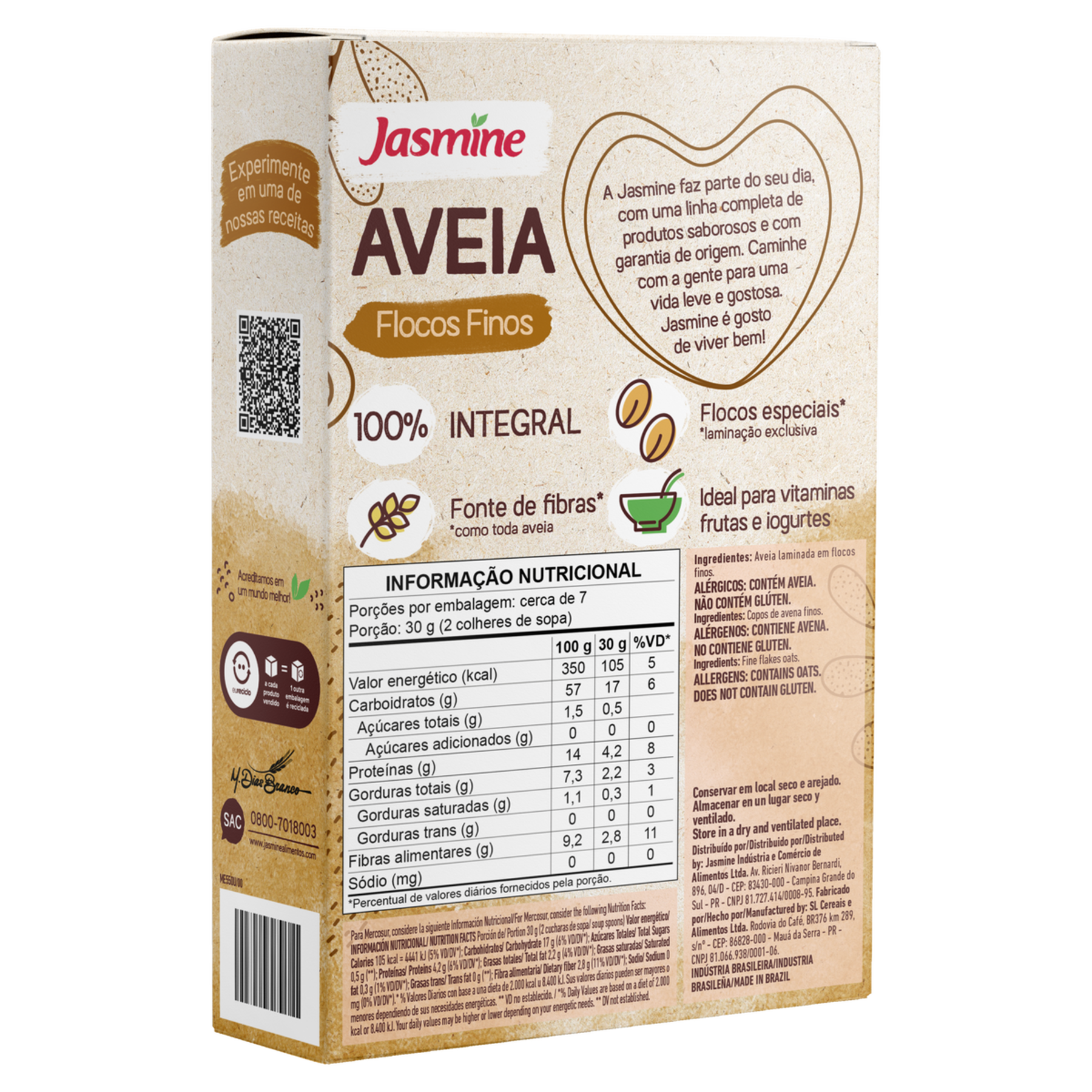 Aveia em Flocos Finos sem Glúten Jasmine Caixa 200g