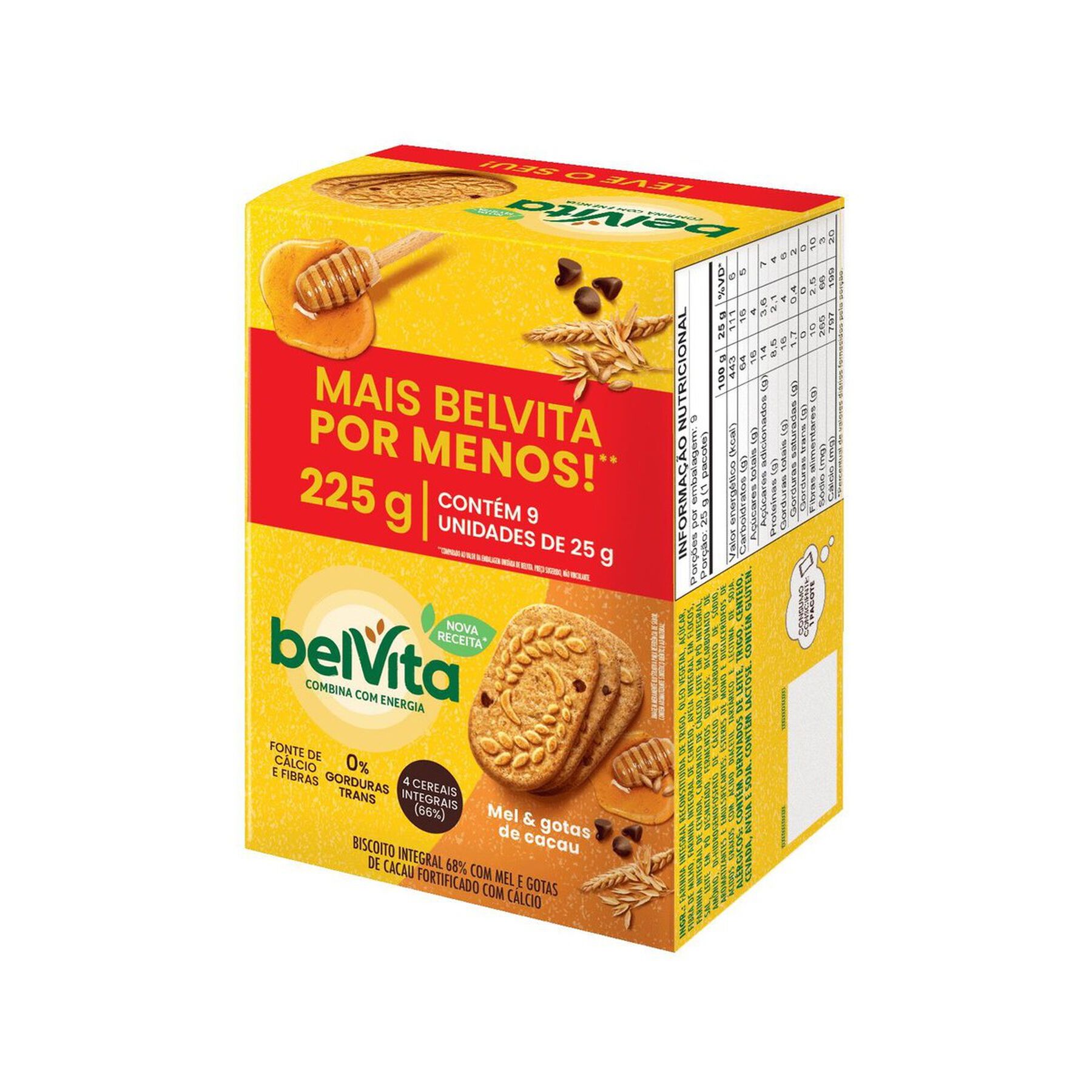Biscoito Integral Mel e Gotas de Cacau Belvita Caixa 225g C/9 Unidades - Embalagem Leve Mais Pague Menos&nbsp;