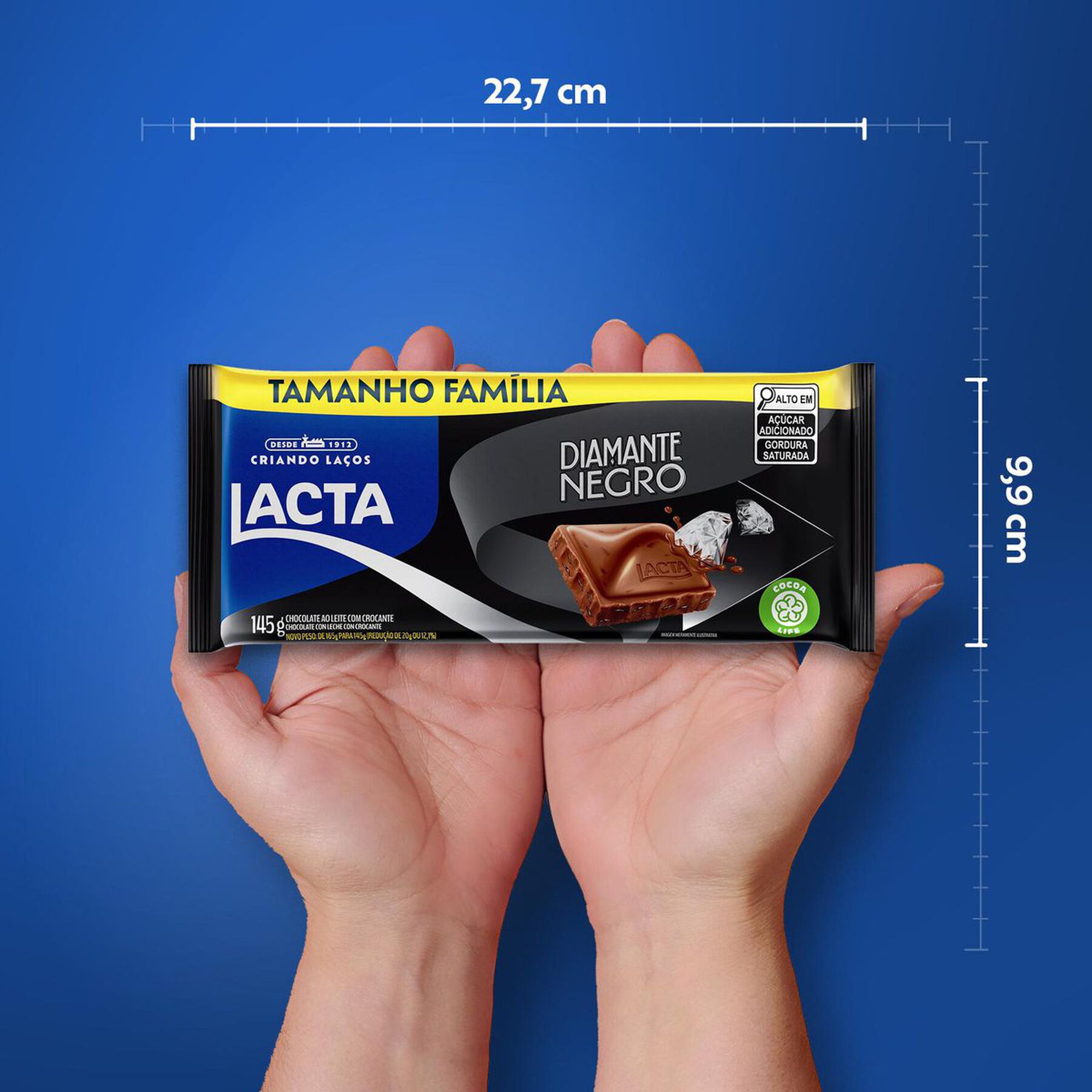 Barra de Chocolate ao Leite Crocante Diamante Negro Lacta Pacote 145g - Embalagem Tamanho Família