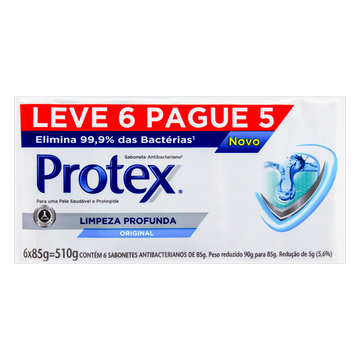 Pack Sabonete em Barra Antibacteriano Original Protex Limpeza Profunda Cartucho 510g Leve 6 Pague 5 Unidades