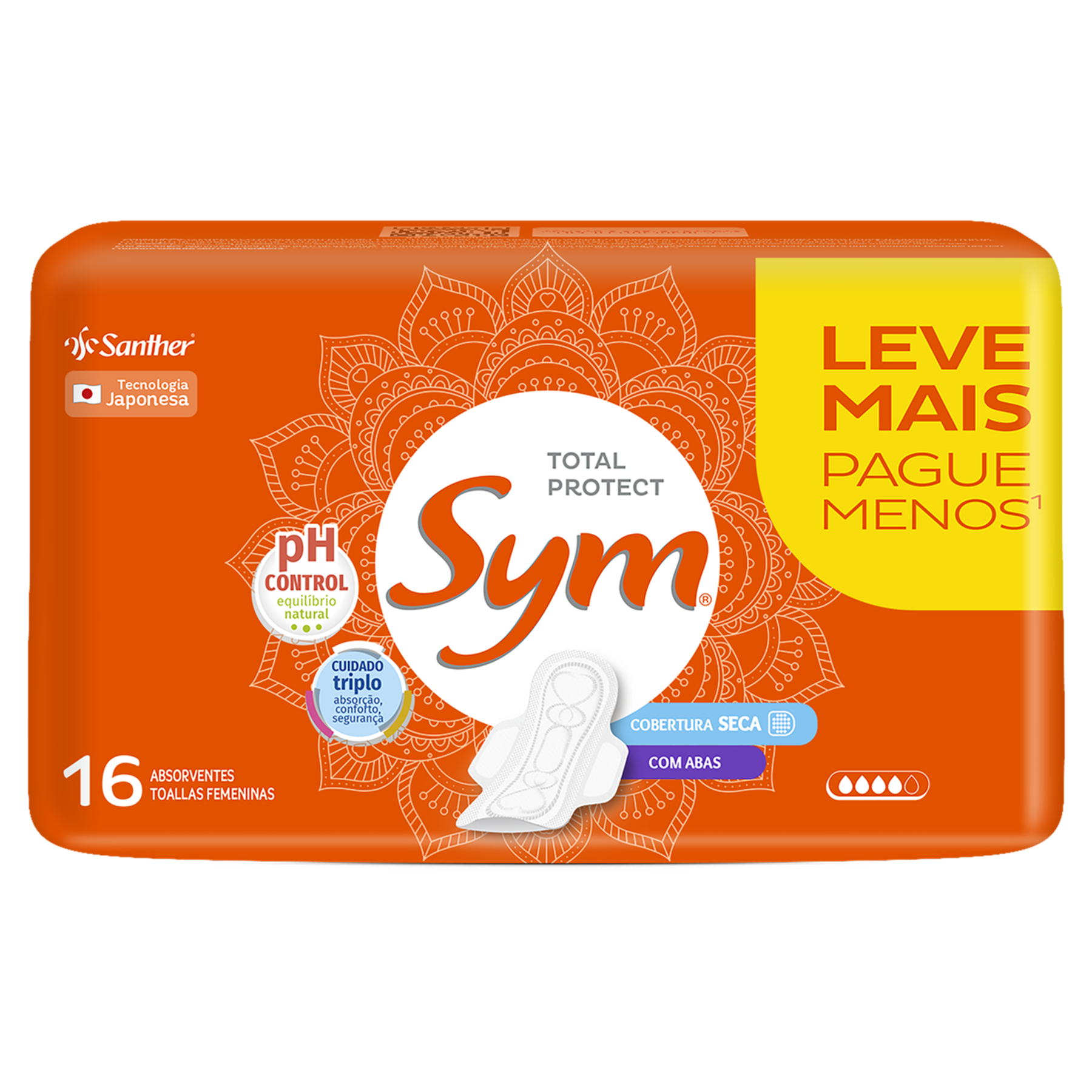 Absorvente com Abas Seca Total Protect Sym Pacote 16 Unidades Leve Mais Pague Menos