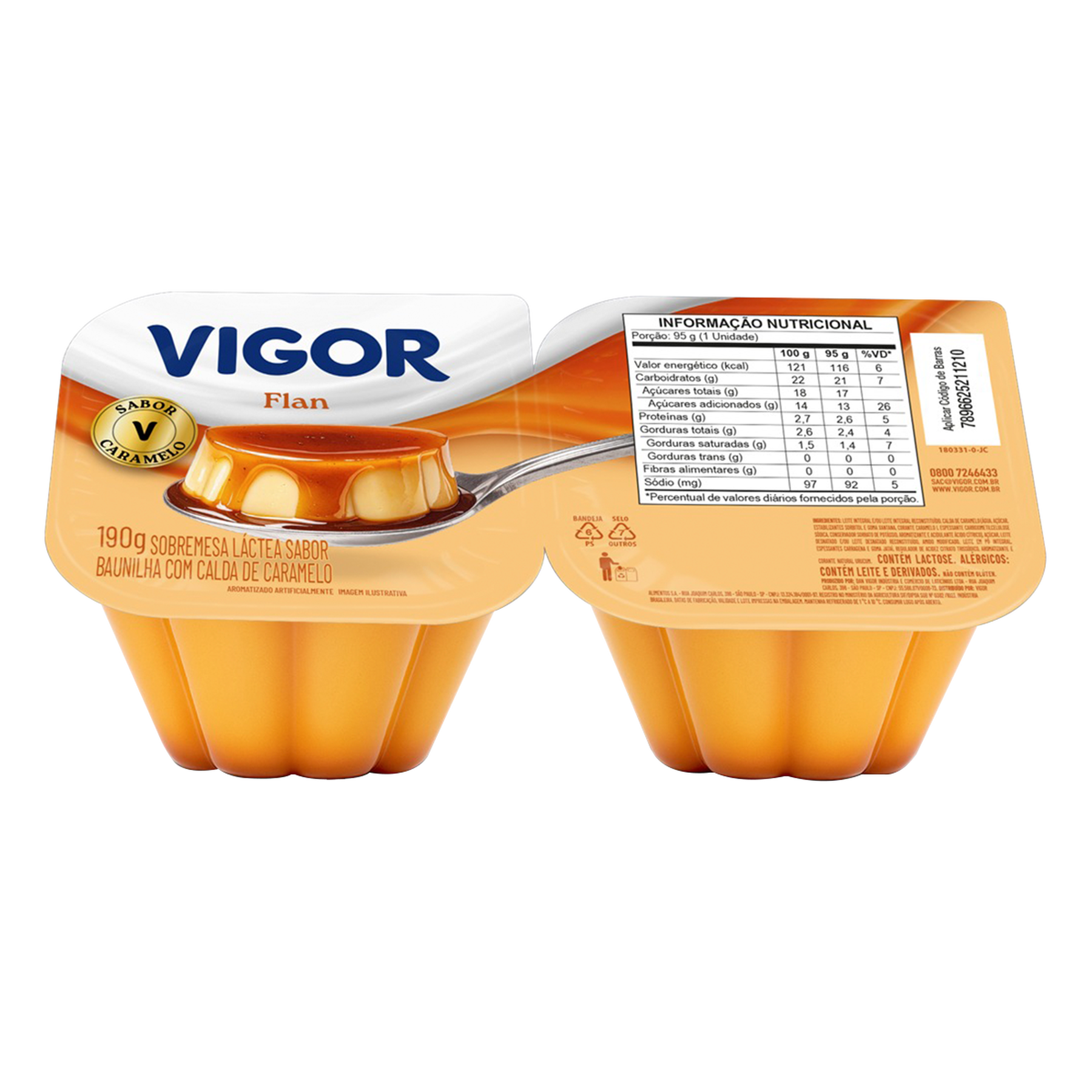 Sobremesa L&aacute;ctea Flan Baunilha Calda Caramelo Vigor Bandeja 190g C/2 Unidades