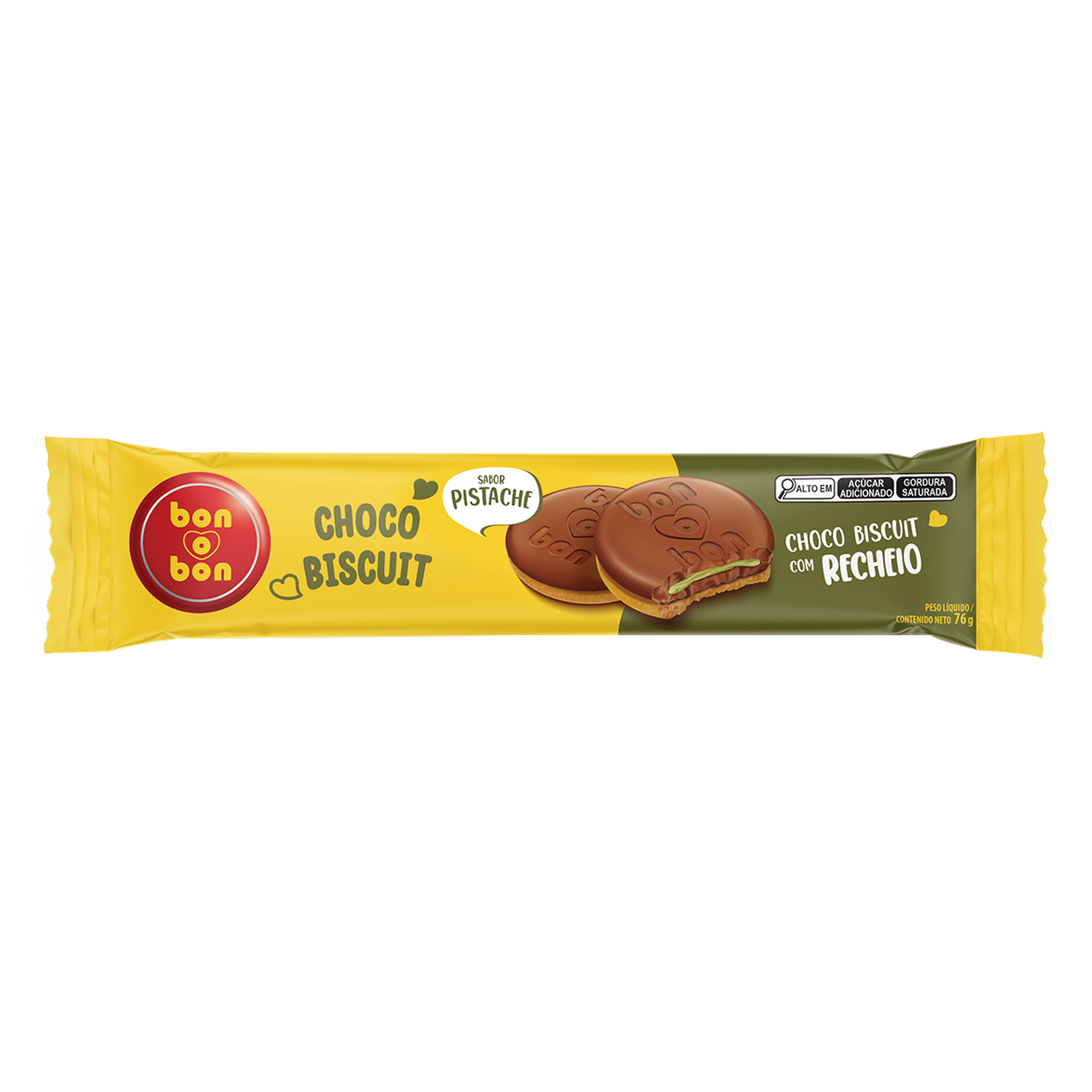 Biscoito Choco Biscuit Recheio Pistache Cobertura Chocolate ao Leite Bon o Bon Pacote 76g