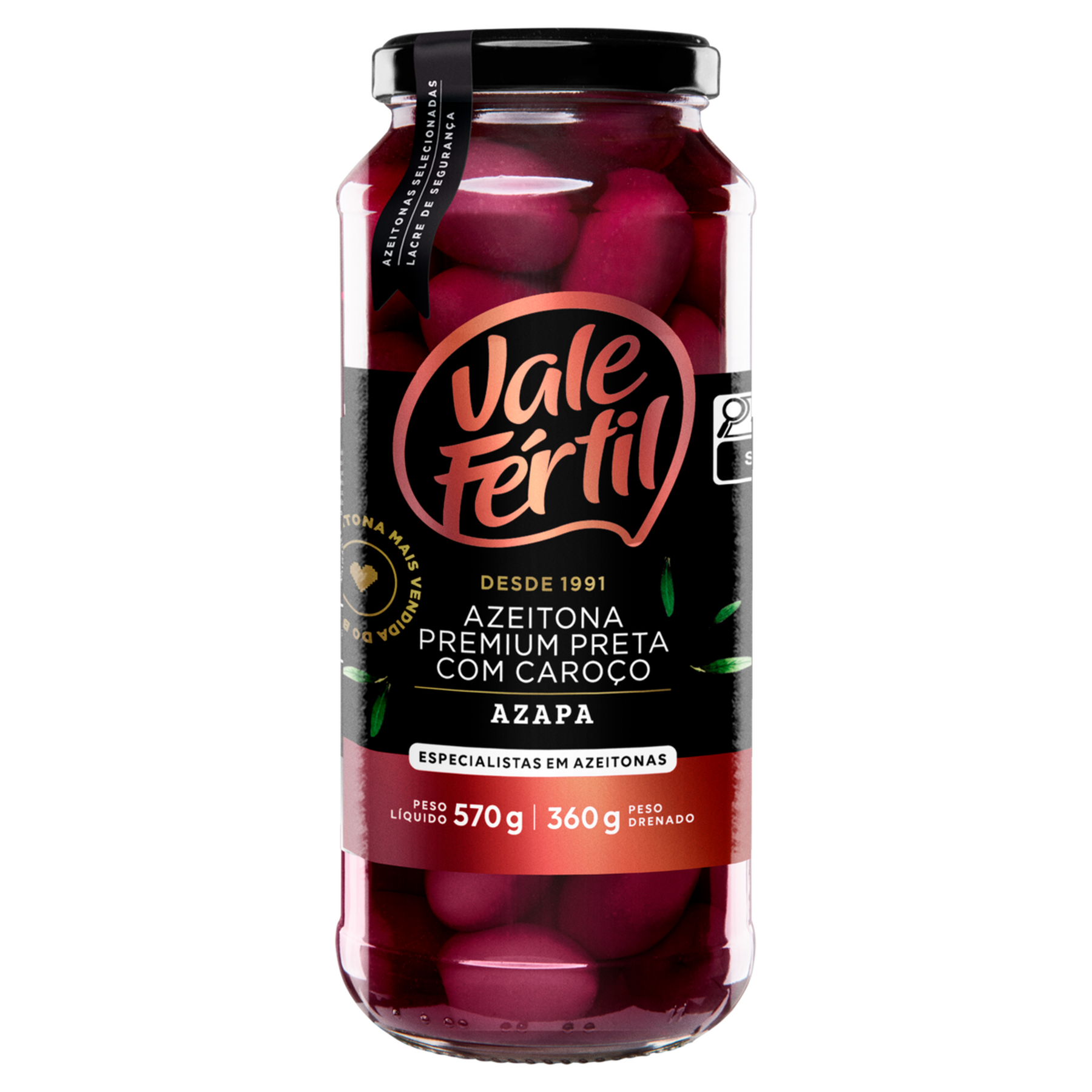 Azeitona Preta Azapa com Caro&ccedil;o Vale F&eacute;rtil Premium Vidro 360g&nbsp;