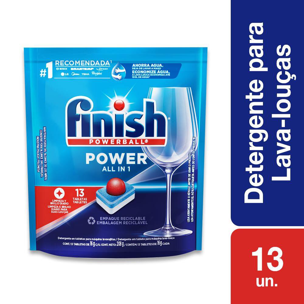 Detergente Tablete para M&aacute;quina de Lavar Lou&ccedil;as Finish Powerball All In 1 Pouch 208g C/13 Unidades