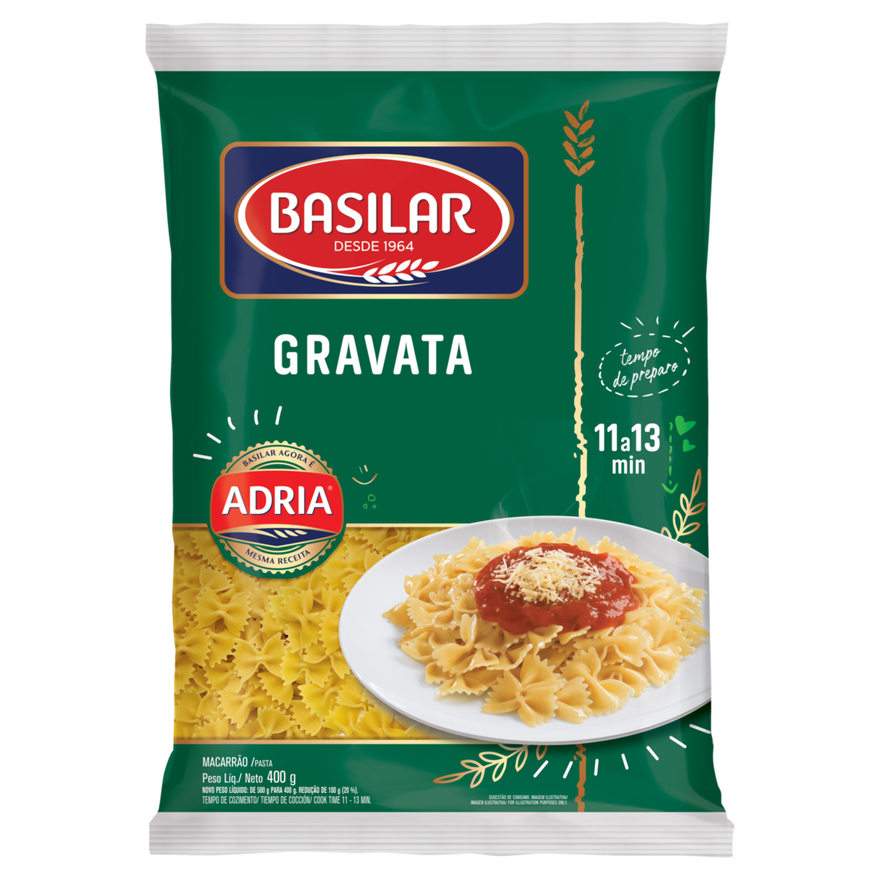 Macarrão Semolado Gravata Basilar Pacote 400g