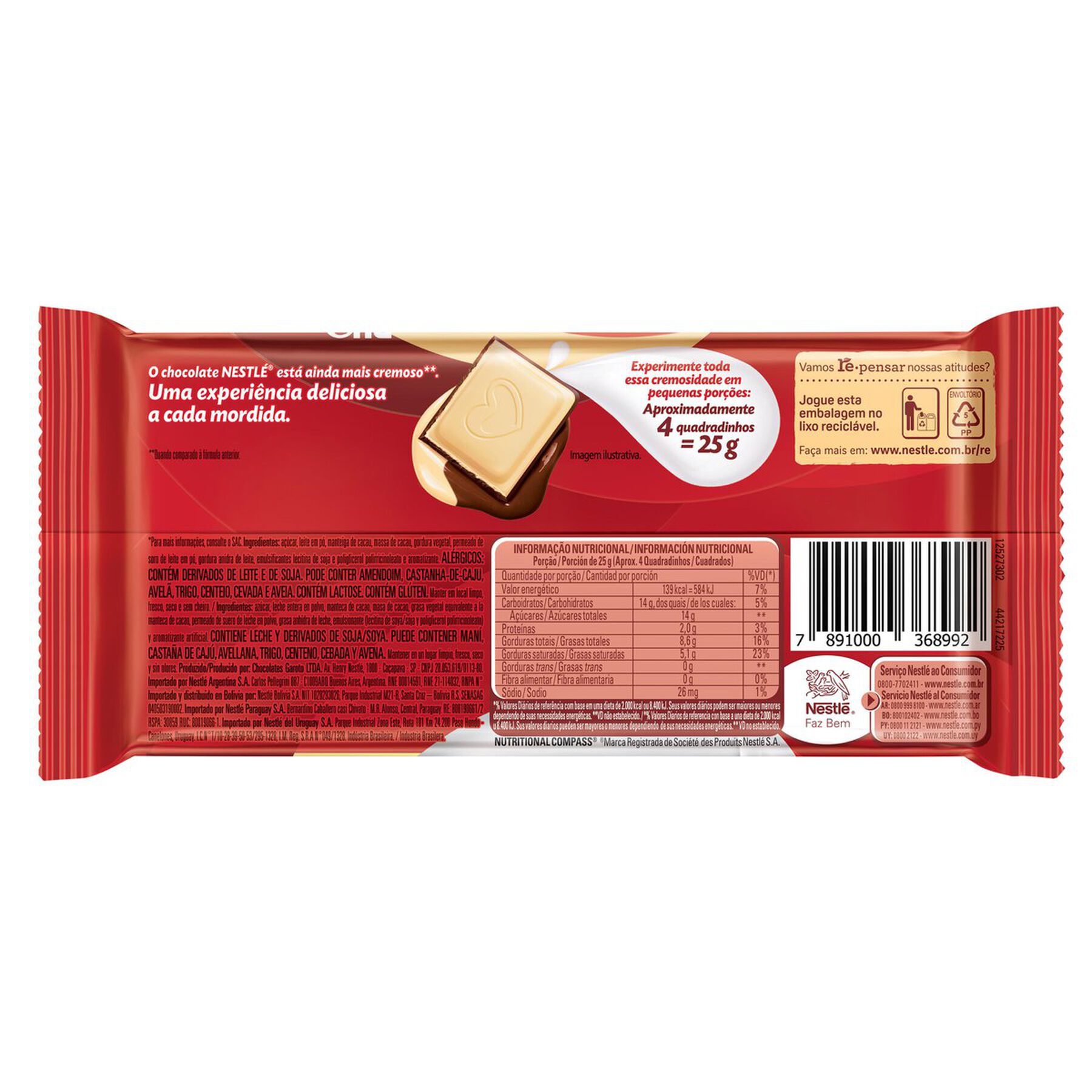 Barra de Chocolate ao Leite e Branco Duo Classic Nestlé Pacote 80g