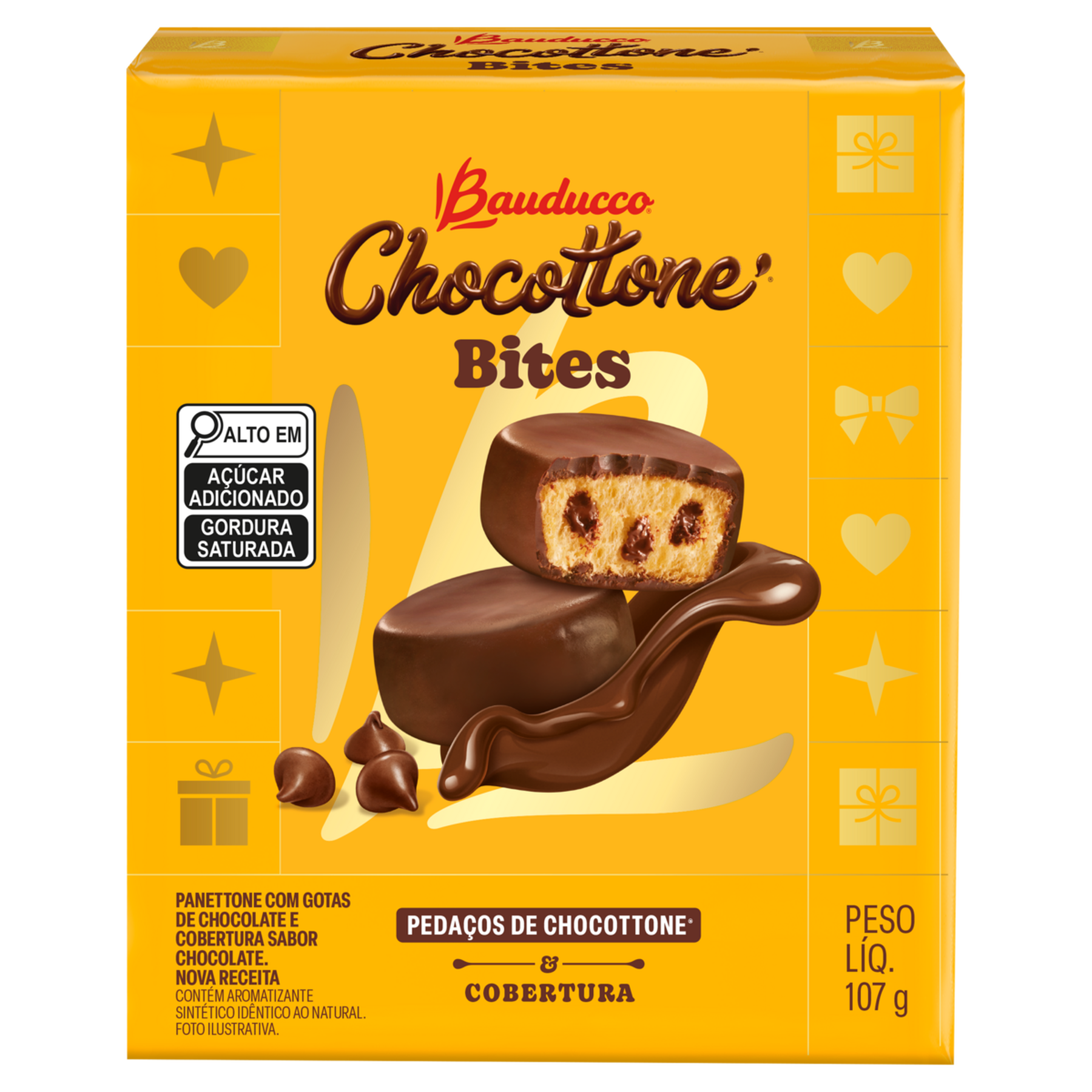 Peda&ccedil;os de Panettone Cobertura e Gotas de Chocolate Bauducco Chocottone Bites Caixa 107g
