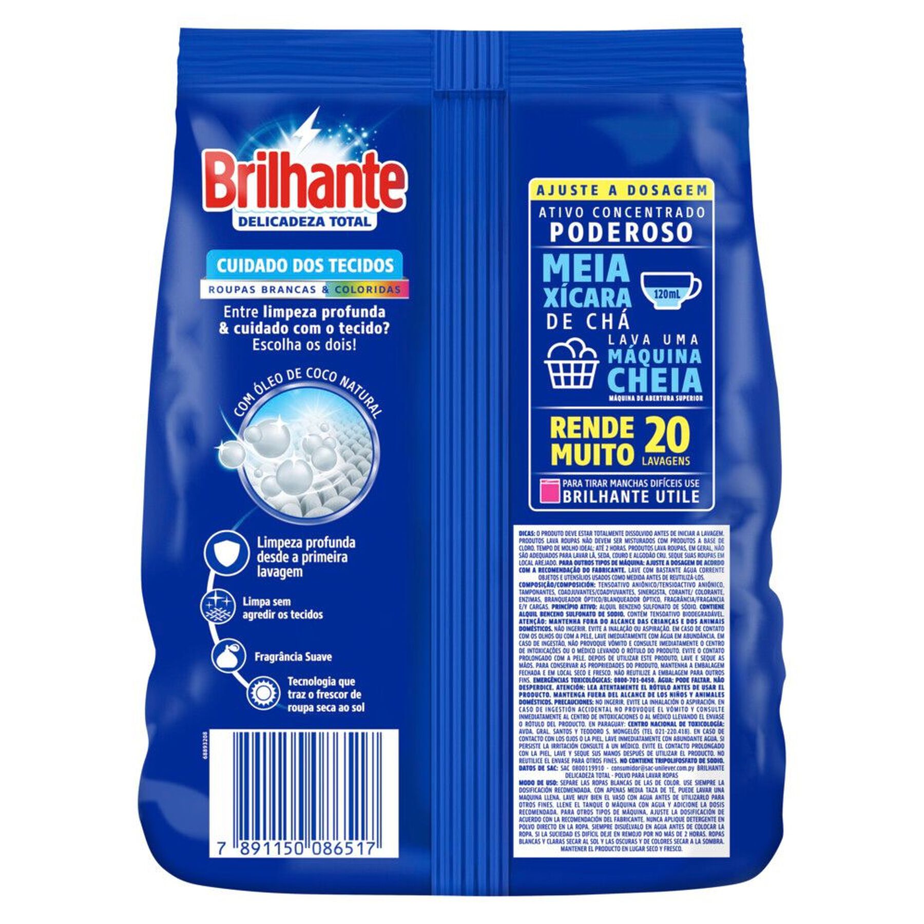 Sab&atilde;o em P&oacute; Lava Roupas Brancas e Coloridas Delicadeza Total Brilhante Pacote 1,6kg