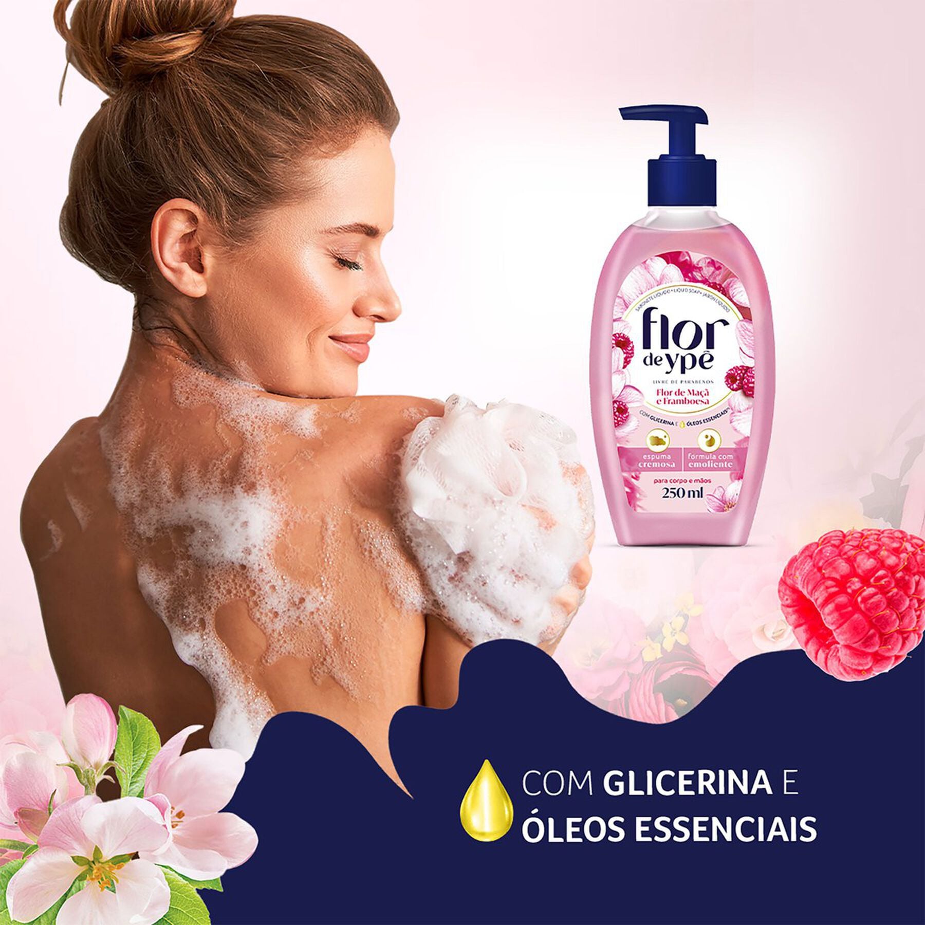 Sabonete L&iacute;quido Corpo e M&atilde;os Flor de Ma&ccedil;&atilde; e Framboesa Flor de Yp&ecirc; Frasco Pump 250ml