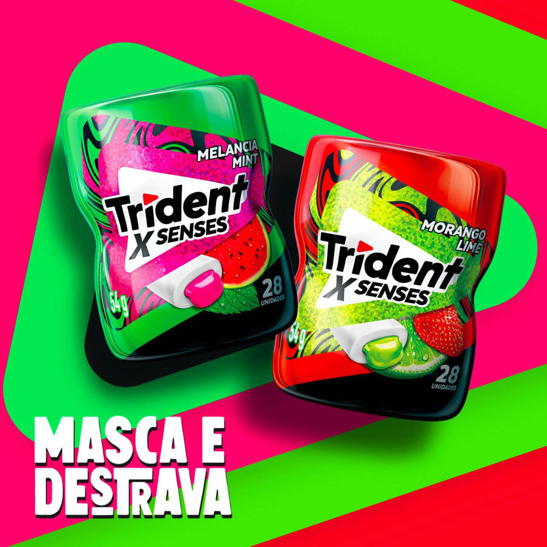 Chiclete Trident XSenses Morango Lime Sem Açúcar Garrafa 54g