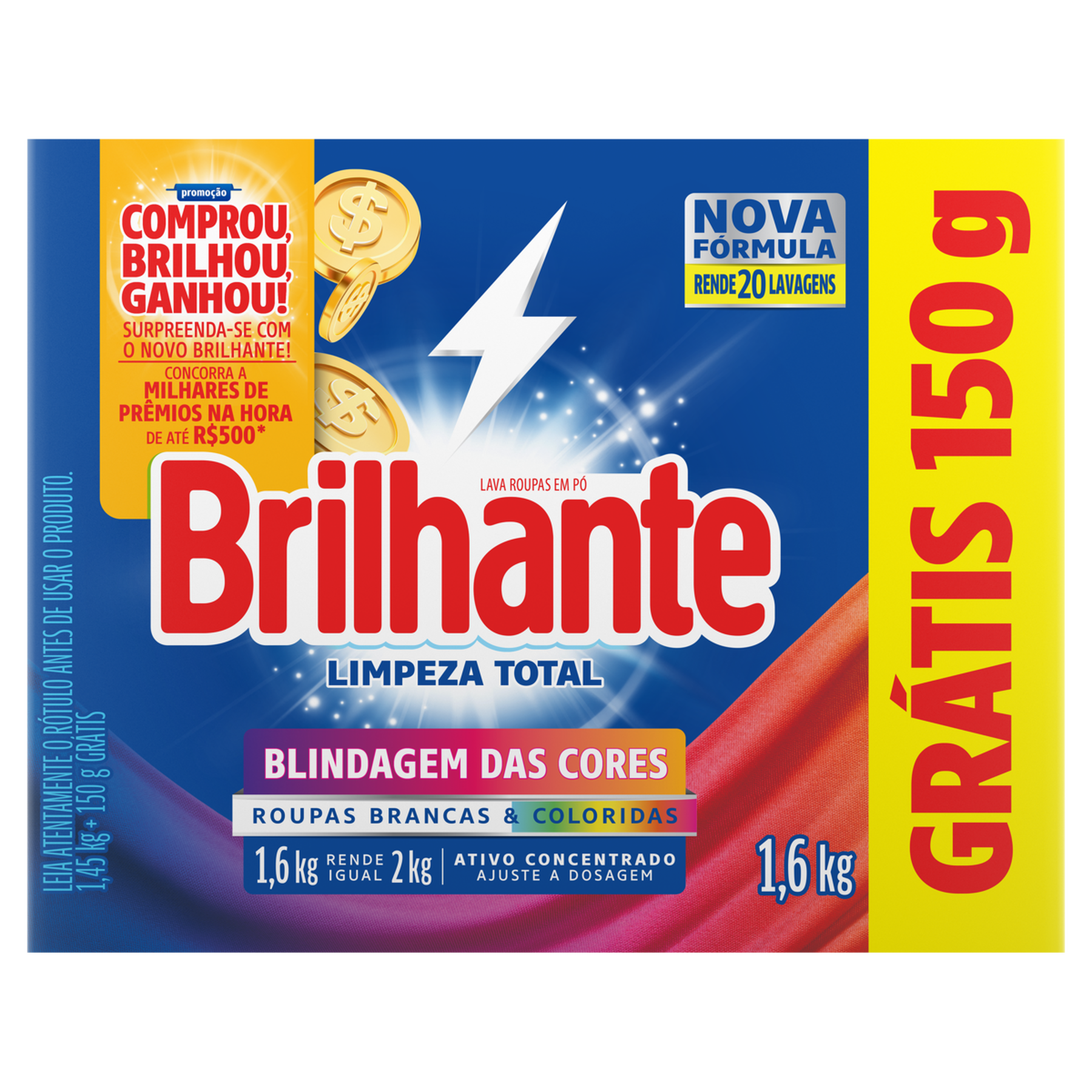 Sabão em Pó Roupas Brancas e Coloridas Limpeza Total Brilhante Caixa 1,6kg - Embalagem Grátis 150g