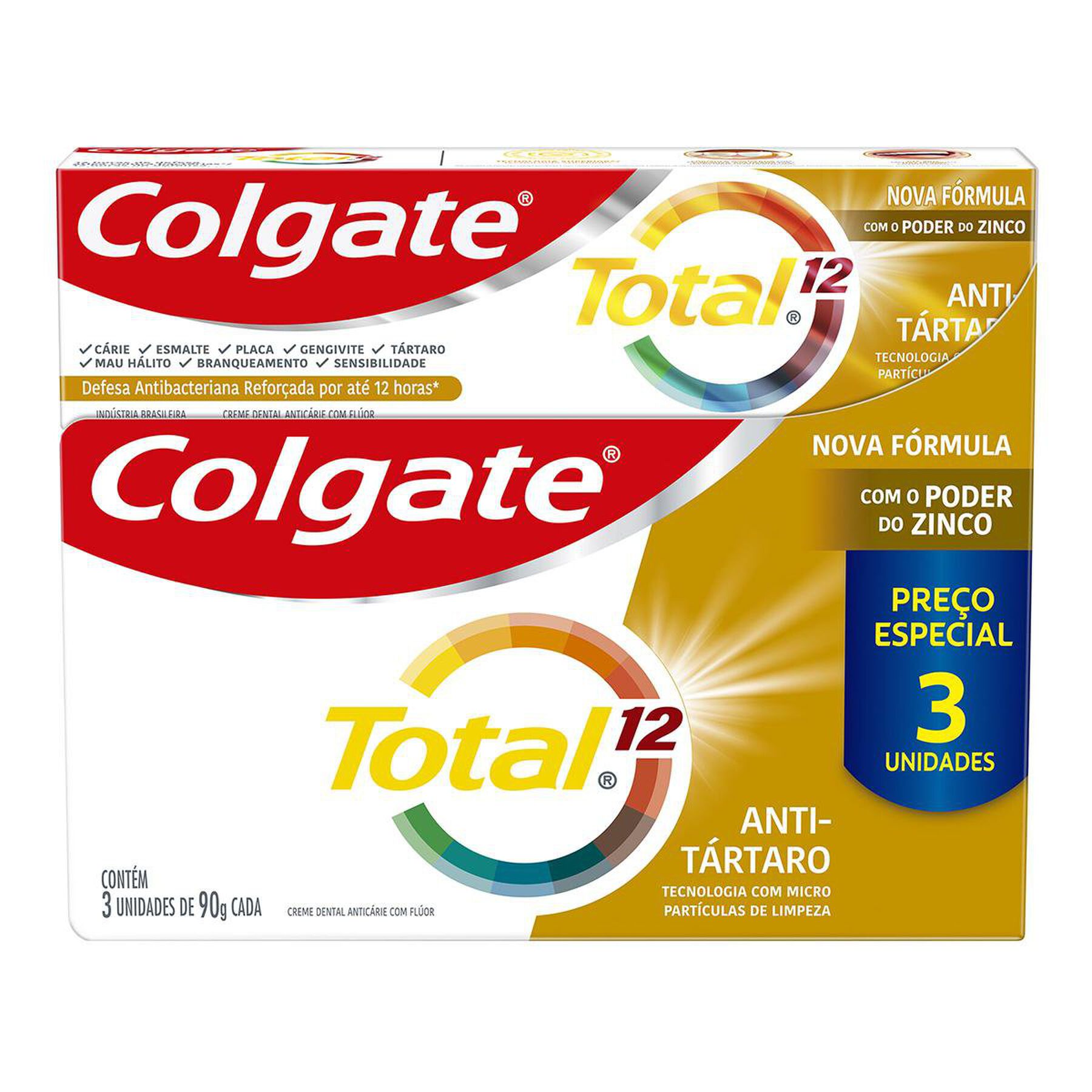 Creme Dental Colgate Total 12 Anti Tártaro 3 unid 90g Preço Especial